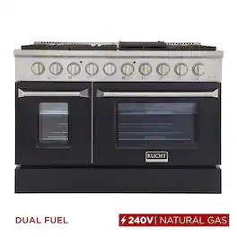 Kucht - 48" Dual Fuel Range for NG, SS/Black Doors, Sealed Burners, Griddle, 2 Ovens (1 Convection) - Black