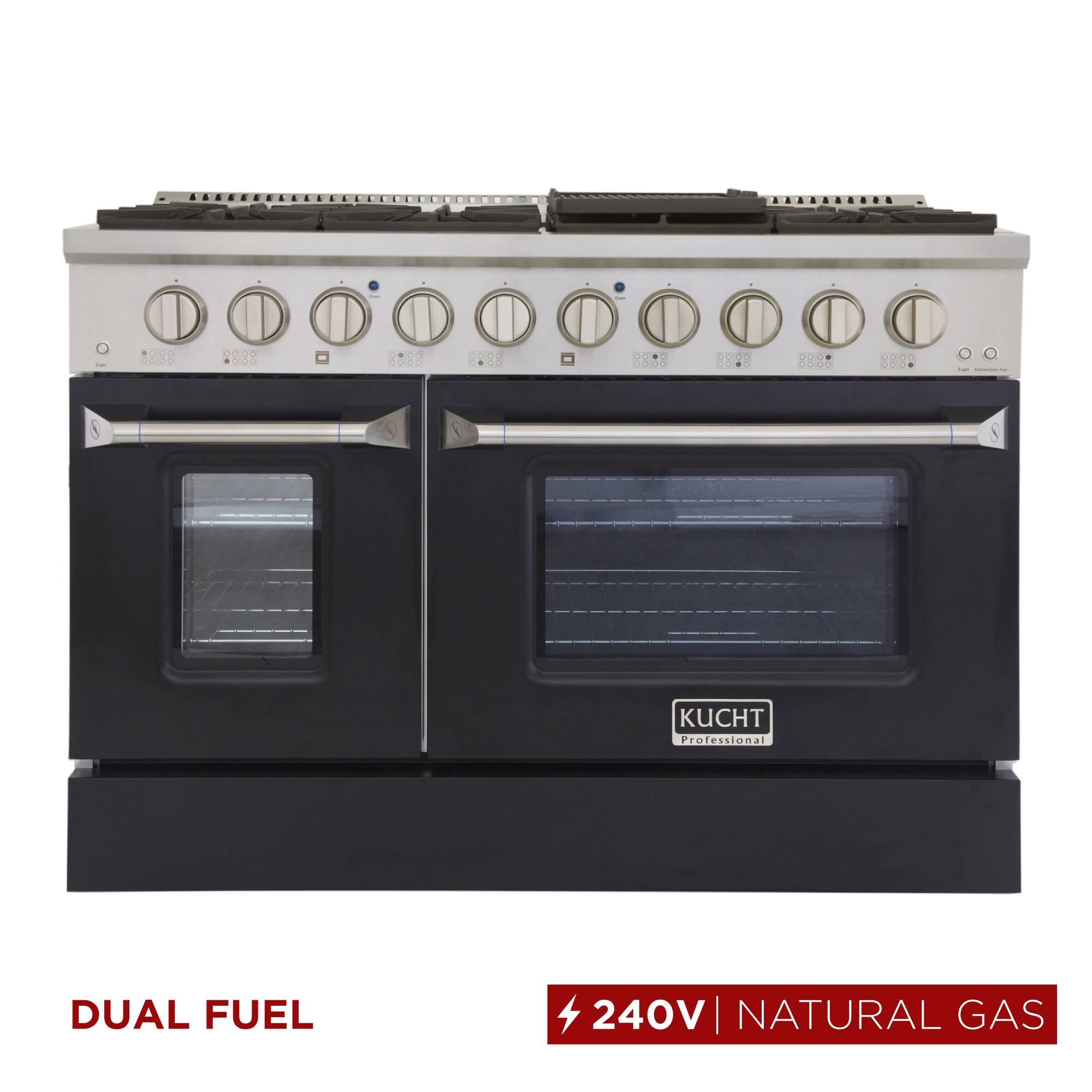 Kucht - 48" Dual Fuel Range for NG, SS/Black Doors, Sealed Burners, Griddle, 2 Ovens (1 Convection) - Black