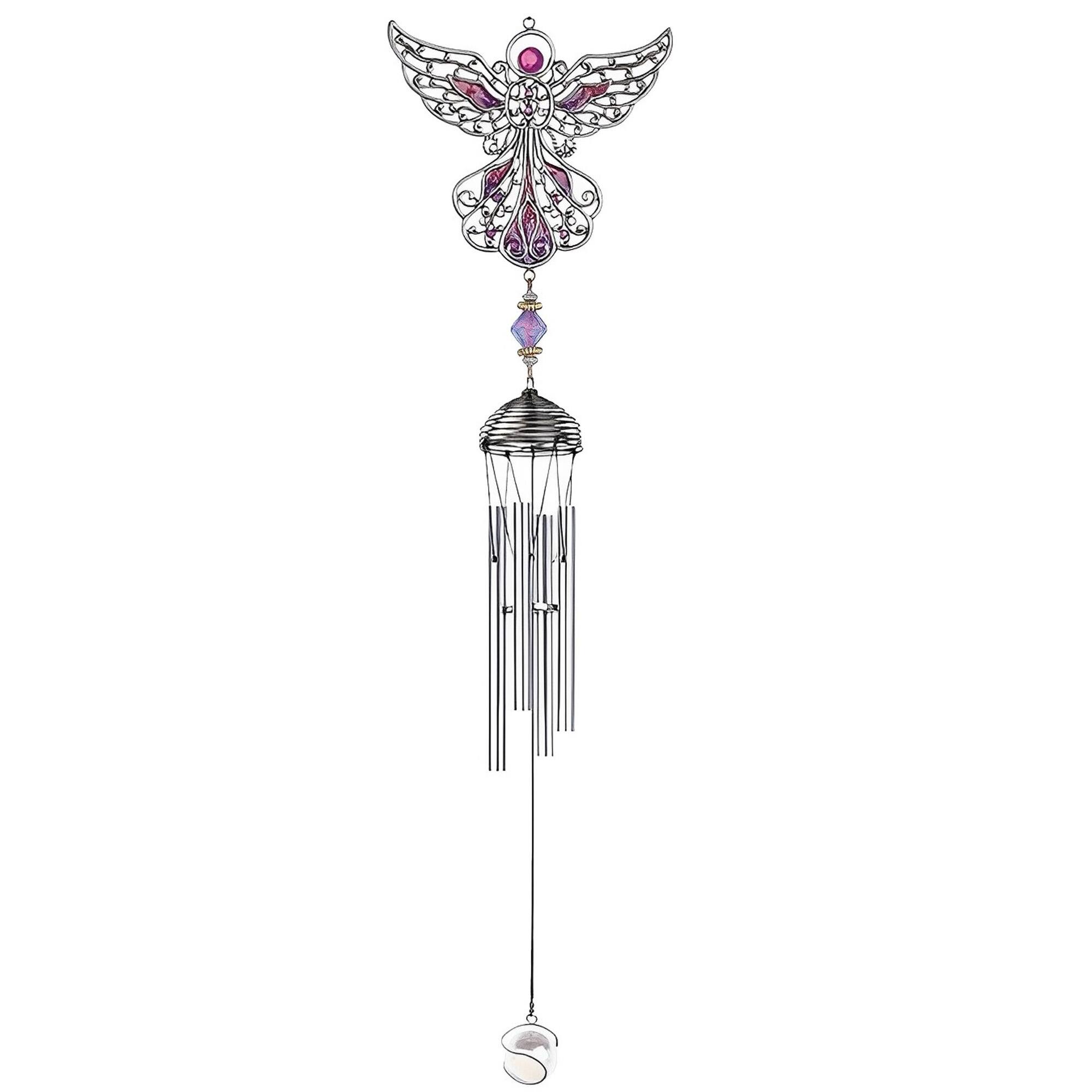 FC Design - 21" Long Purple Angel Pewter and Gem Wind Chime Outdoor Patio or Garden Hanging Decoration - Multi-Color
