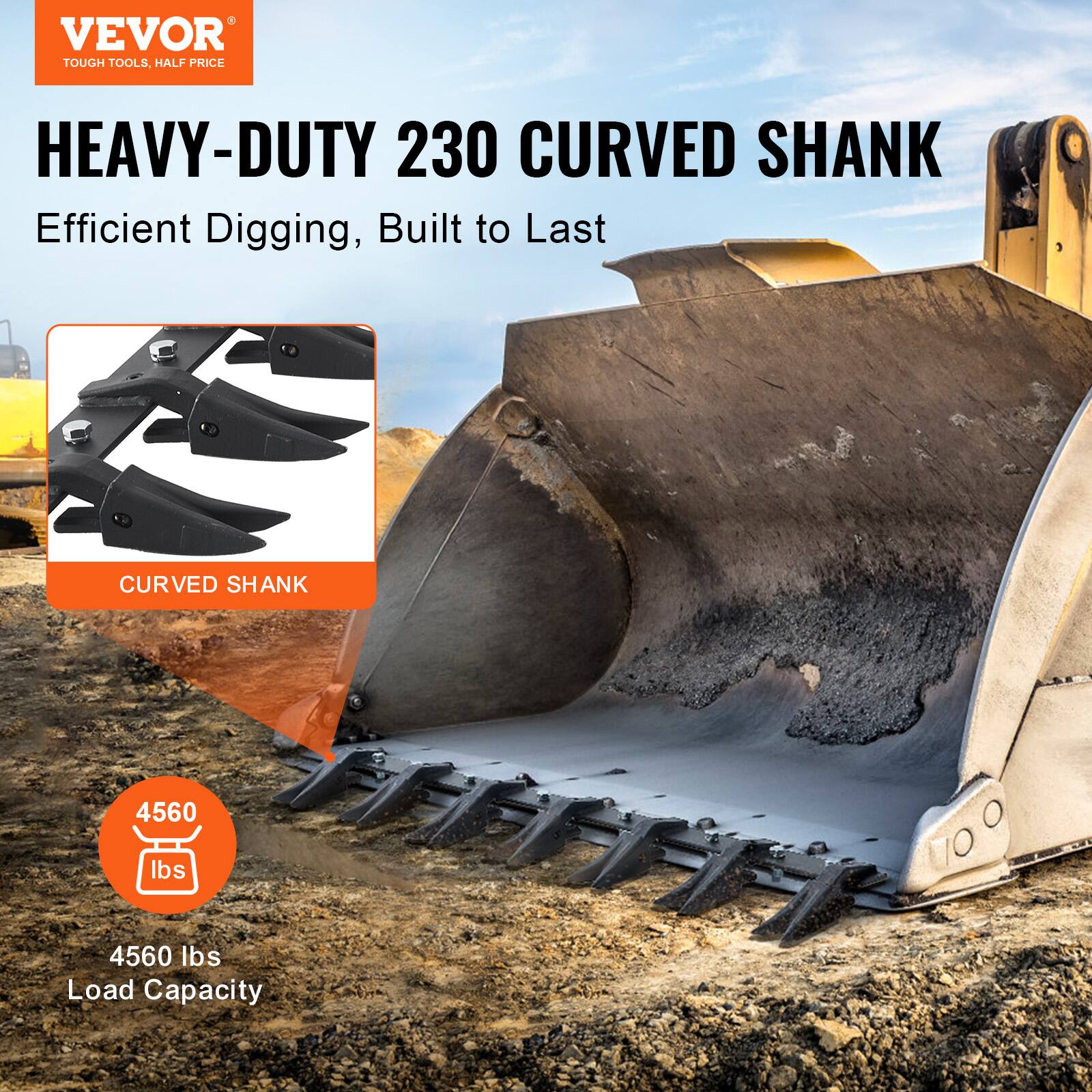 VEVOR  
TOUGH TOOLS, HALF PRICE  

HEAVY-DUTY 230 CURVED SHANK  
Efficient Digging, Built to Last  

CURVED SHANK  

4560 lbs  
Load Capacity