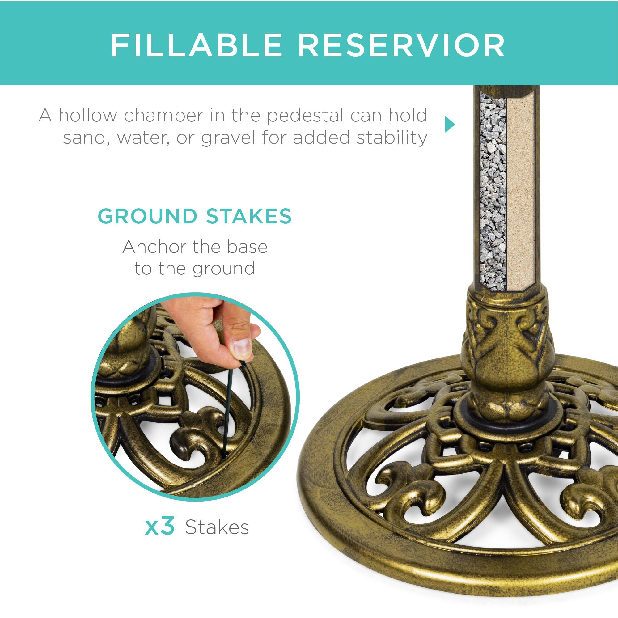 FILLABLE RESERVIOR  
A hollow chamber in the pedestal can hold sand, water, or gravel for added stability  

GROUND STAKES  
Anchor the base to the ground  

x3 Stakes