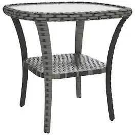 Outsunny - Coffee Table with Storage Shelf, Hand-Woven Wicker Side Table with Water-Ripple Glass Top - Mixed-Gray