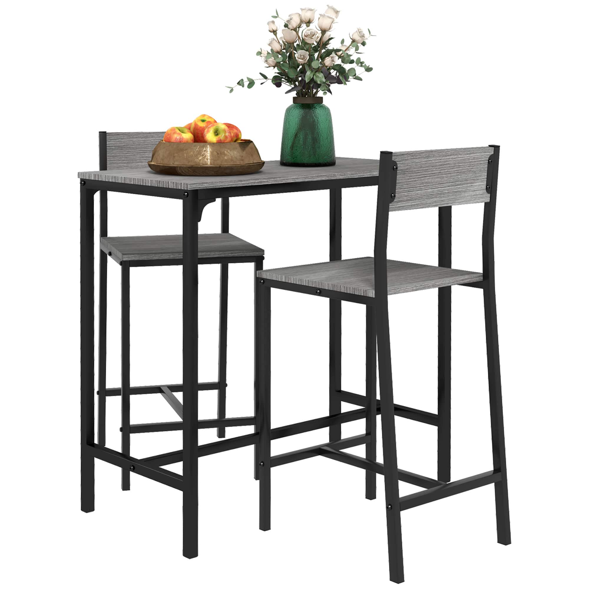 Homcom - Piece Bar Table and Chairs, Industrial Dining Table Set for 2, Counter Height Kitchen Table with Bar stools - Gray