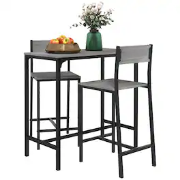 Homcom - Piece Bar Table and Chairs, Industrial Dining Table Set for 2, Counter Height Kitchen Table with Bar stools - Gray