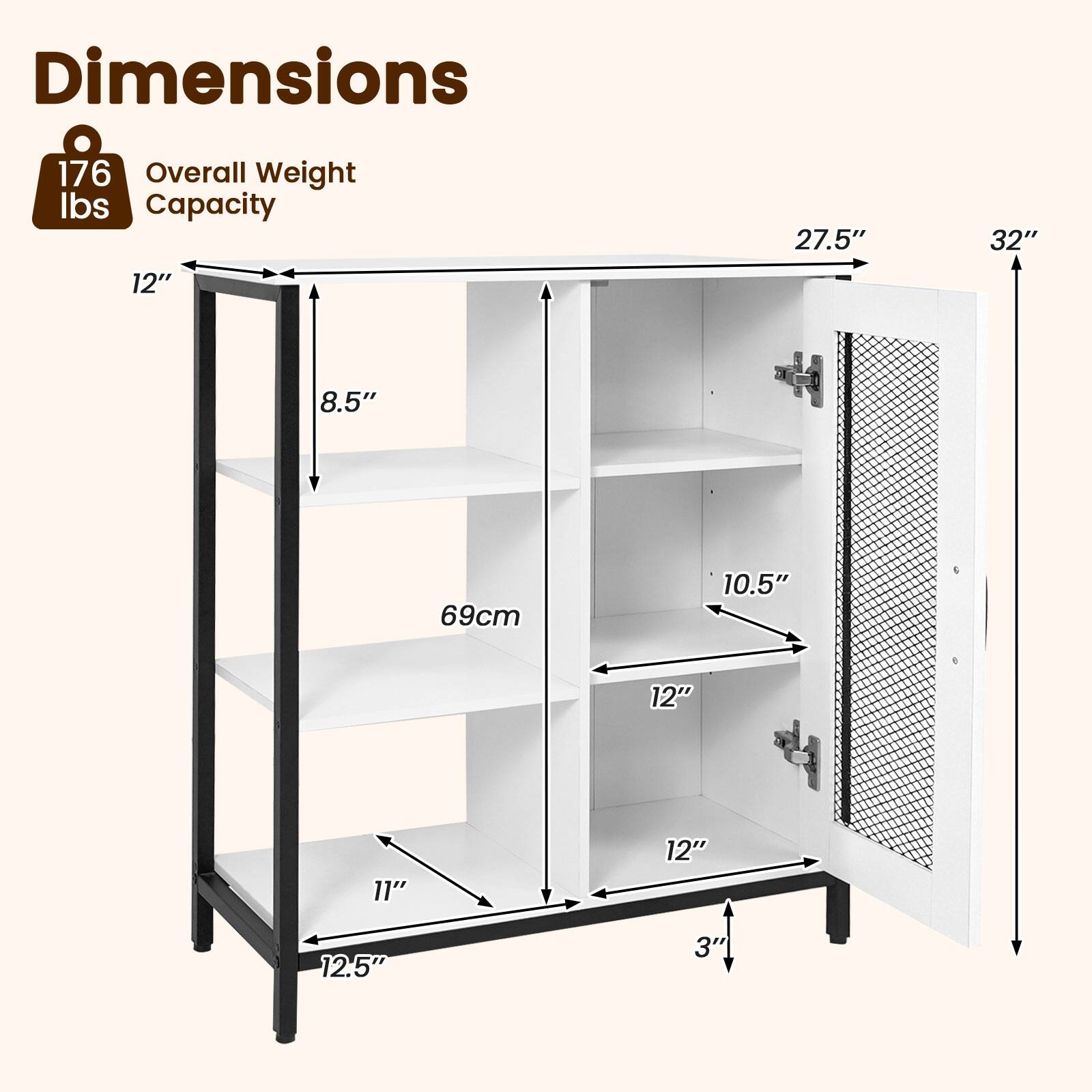 Dimensions

Overall Weight: 176 lbs

Capacity: 27.5" x 32" x 12" x 10.5" x 12" x 12" x 11" x 12.5" x 3"