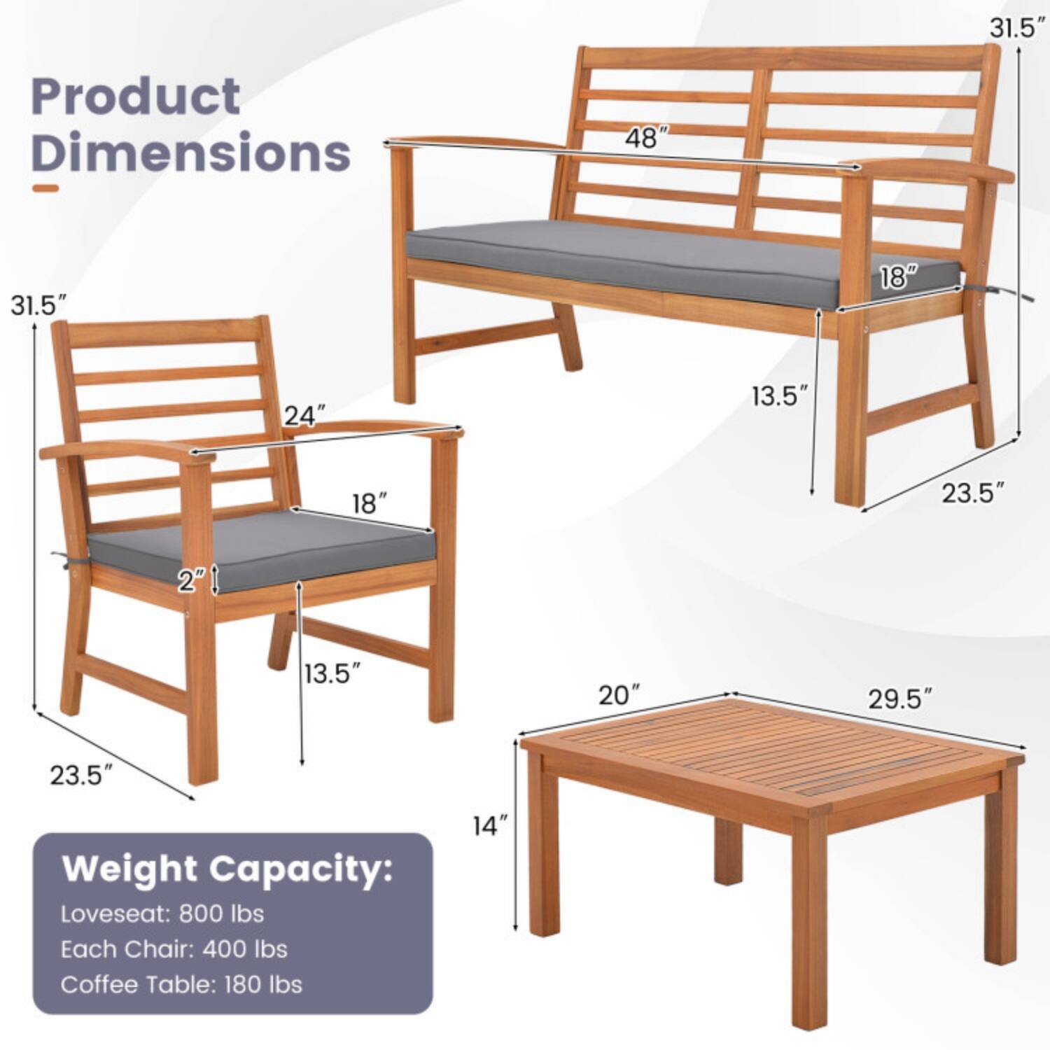 Product Dimensions:
- Loveseat: 48" W x 31.5" H x 18" D
- Chair: 23.5" W x 31.5" H x 18" D
- Coffee Table: 29.5" W x 20" D x 14" H

Weight Capacity:
- Loveseat: 800 lbs
- Each Chair: 400 lbs
- Coffee Table: 180 lbs