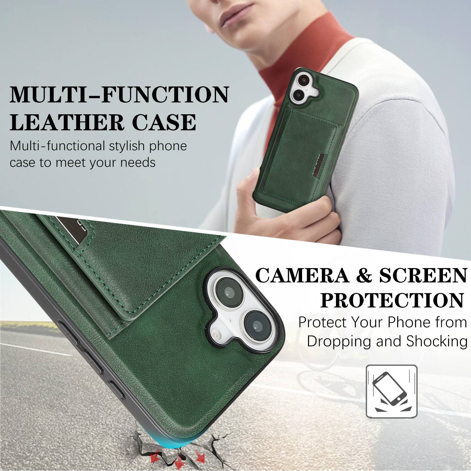 MULTI-FUNCTION LEATHER CASE  
Multi-functional stylish phone case to meet your needs  

CAMERA & SCREEN PROTECTION  
Protect Your Phone from Dropping and Shocking