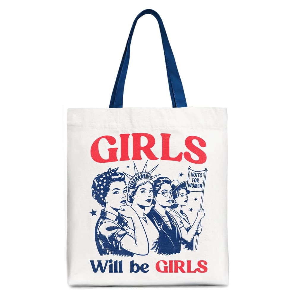 OrnamentallyYou - Girls Will Be Girls Patriotic Tote Bag, 4th of July Vintage Feminist Gift Shopper - White Navy