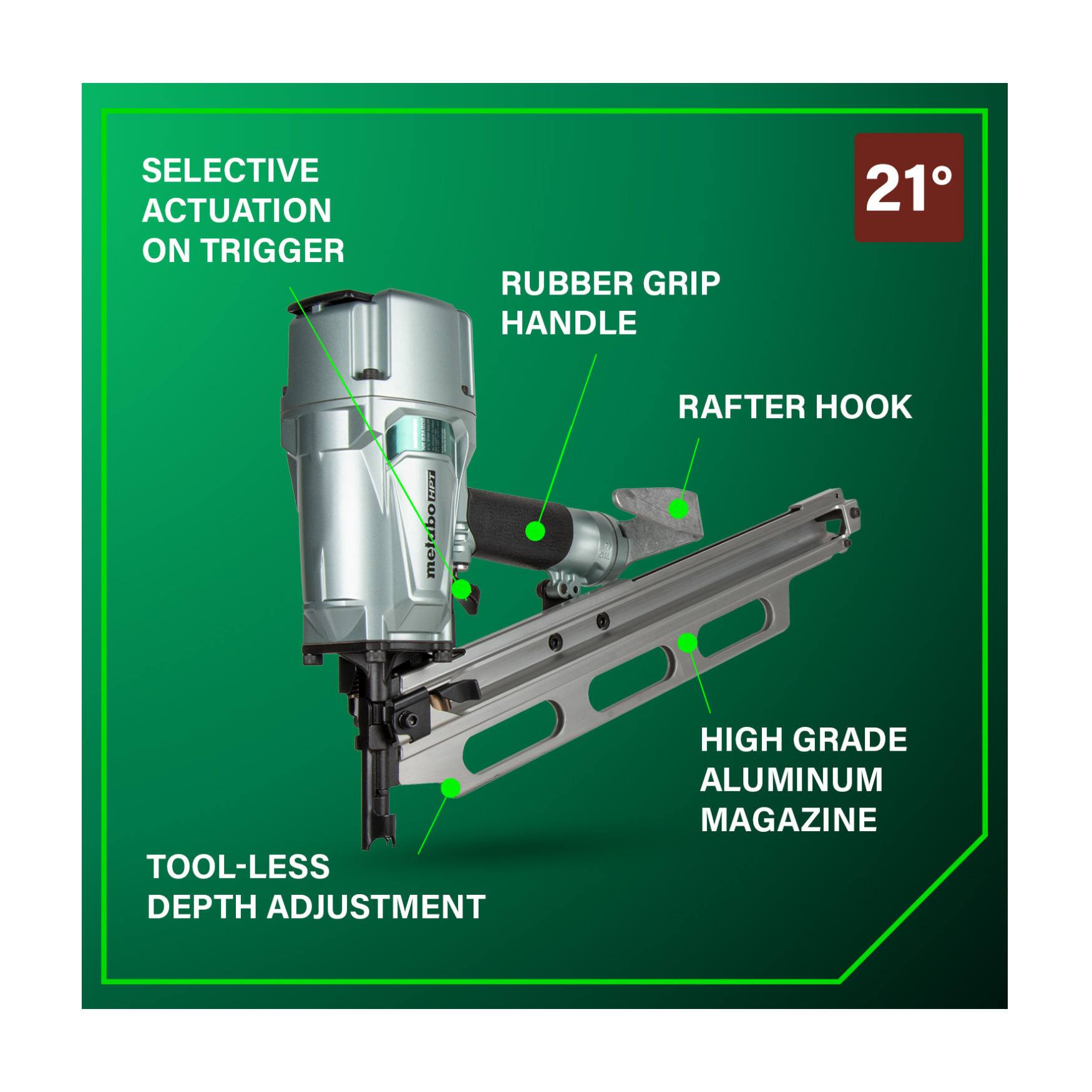 SELECTIVE ACTUATION ON TRIGGER  
RUBBER GRIP HANDLE  
RAFTER HOOK  
TOOL-LESS DEPTH ADJUSTMENT  
HIGH GRADE ALUMINUM MAGAZINE