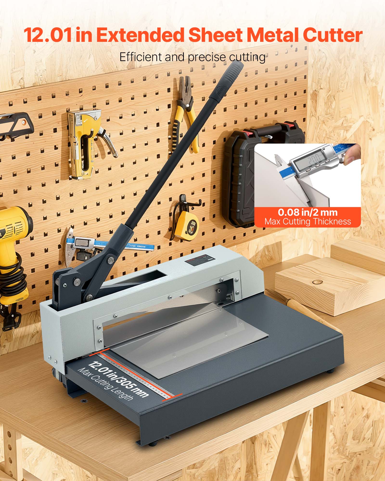 12.01 in Extended Sheet Metal Cutter  
Efficient and precise cutting  

0.08 in/2 mm Max Cutting Thickness  

12.01 in/305 mm Max Cutting Length