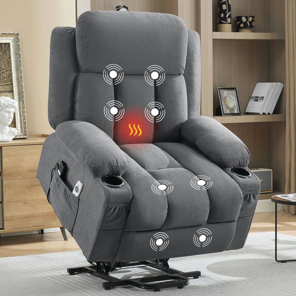 Alt View 1. Kadyn - Power Lift Recliner with Heat & Massage, Electric Fabric Recliner with Side Pocket & USB Port - Gray.
