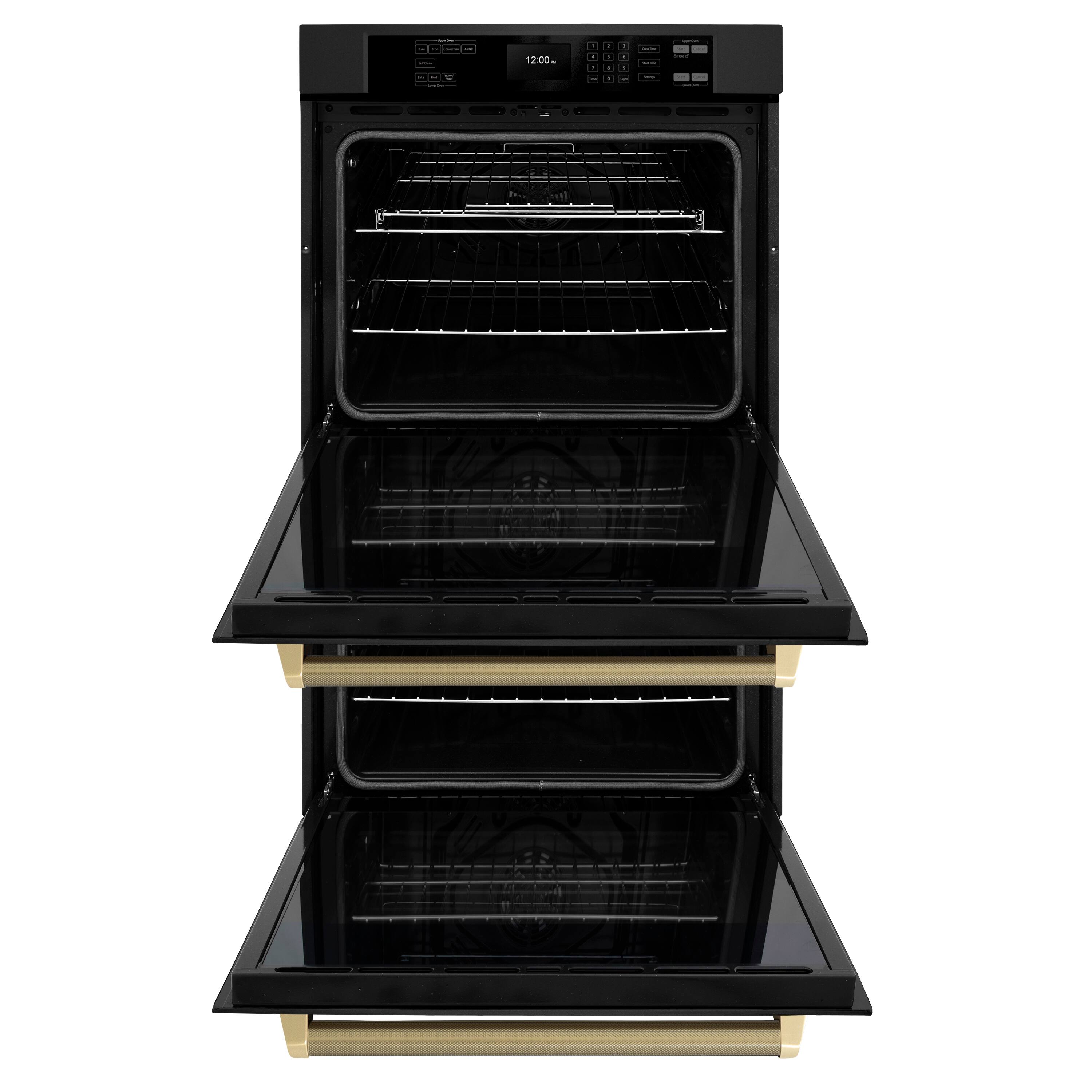 Angle. ZLINE - ZLINE Autograph 30 in. True Convection Double Wall Oven in Black Steel with Bronze Helix Handles (WADBZ-30-KCB) - Black Stainless Steel.