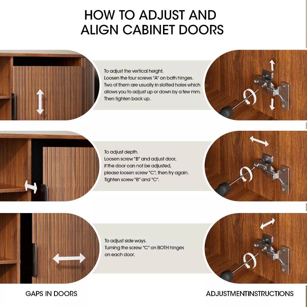 HOW TO ADJUST AND ALIGN CABINET DOORS

To adjust the vertical height. Loosen the four screws "A" on both hinges. Two of them are usually in slotted holes which allows you to adjust up or down by a few mm. Then tighten back up.

To adjust depth. Loosen screw "B" and adjust door, if the door can not be adjusted, please loosen screw "C". then try again. Tighten screw "B" and "C".

To adjust side ways. Turning the screw "C" on BOTH hinges on each door.

GAPS IN DOORS

ADJUSTMENT INSTRUCTIONS