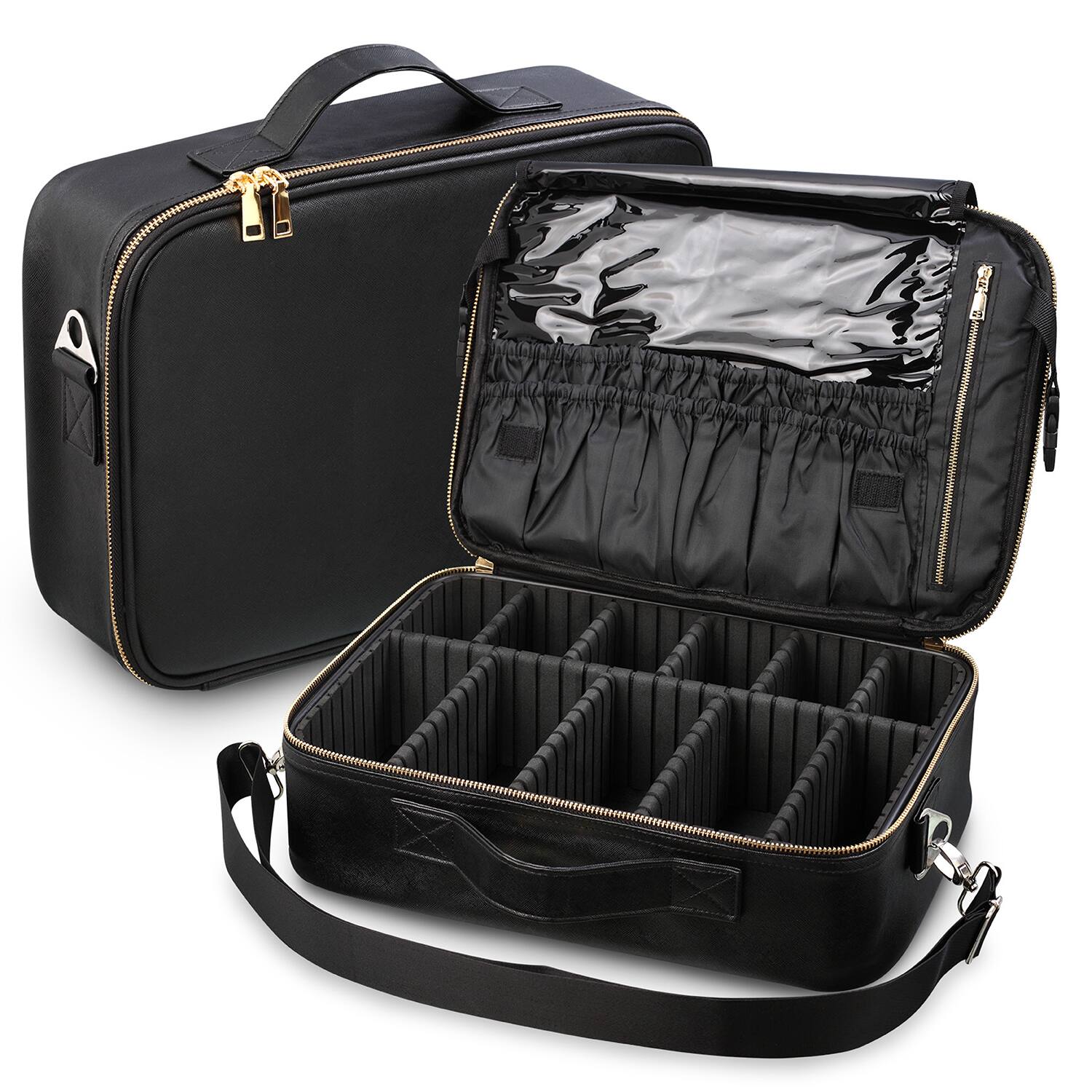 Front. Fosmon - Large Makeup Bag, Packing Cubes, Toiletry Bag for Travel, Travel Bags Organizer, Waterproof with Compartments Makeup Bag - Black.