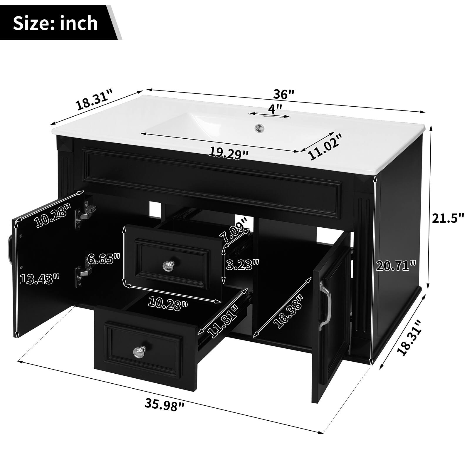 Size: inch  
18.31" 19.29" 36" 4" 11.02" 10.28" 6.65" 13.43" 7.09" 3.23" 10.28" 16.38" 11.81" 21.5" 20.71" 18.31" 35.98"