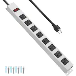 PARKER SLATER - Metal 8-Outlet Power Strip with 1200J Surge Protector, Wide-Spaced Outlets, 6FT 14AWG Cord, Wall Mount, 15A/125V/1875W - White