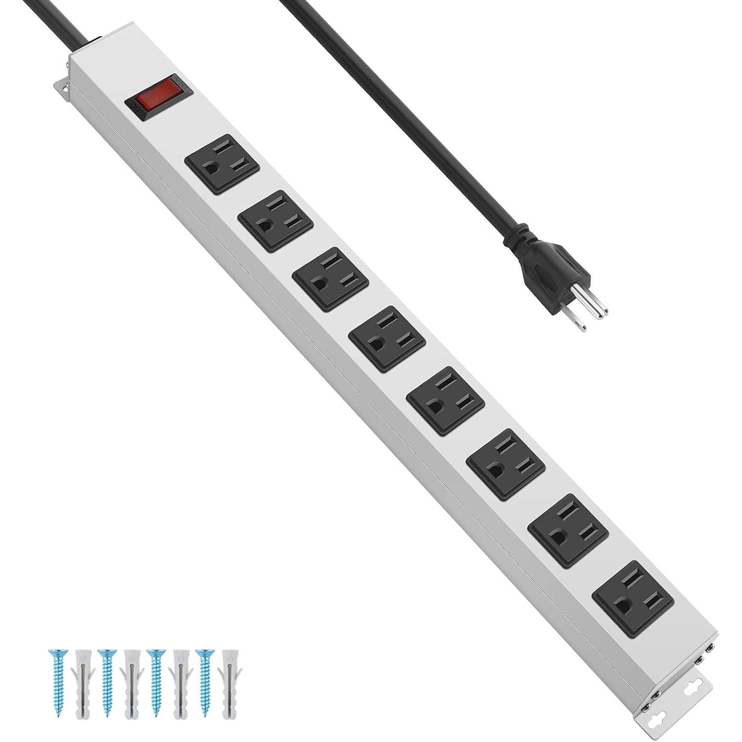 PARKER SLATER - Metal 8-Outlet Power Strip with 1200J Surge Protector, Wide-Spaced Outlets, 6FT 14AWG Cord, Wall Mount, 15A/125V/1875W - White