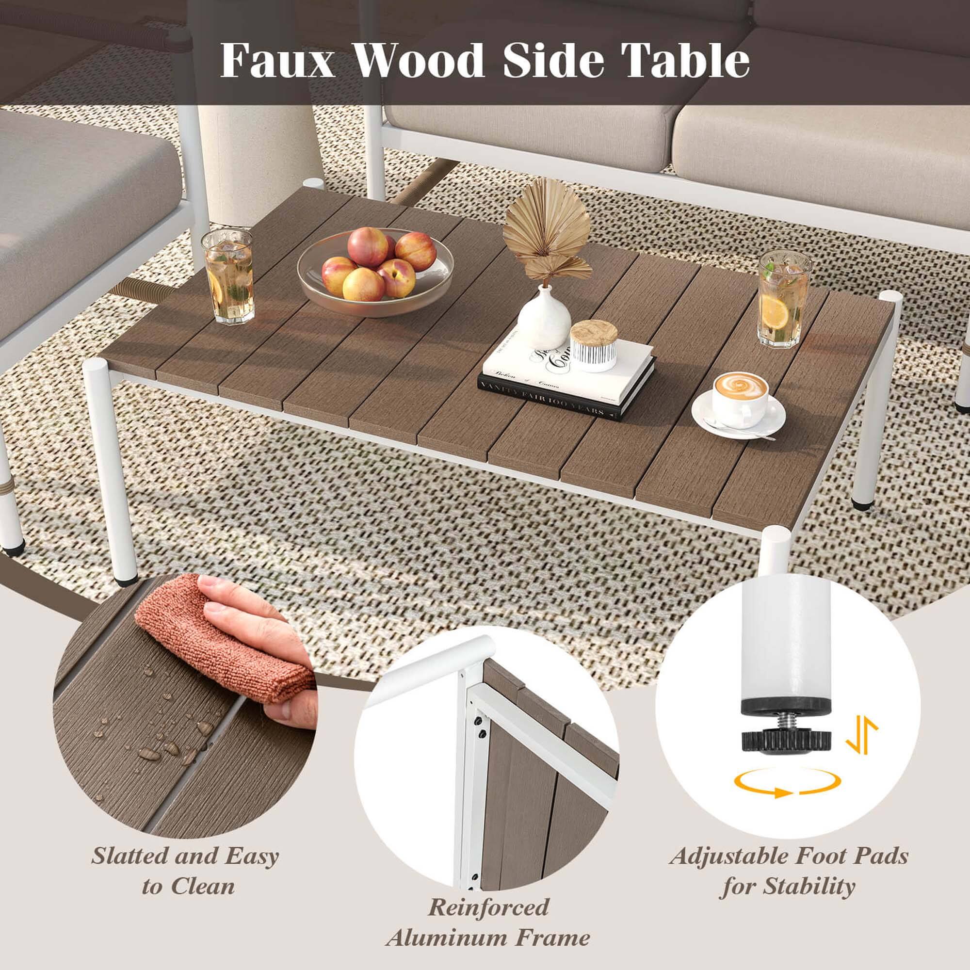 Faux Wood Side Table, Slatted and Easy to Clean, Reinforced Aluminum Frame, Adjustable Foot Pads for Stability