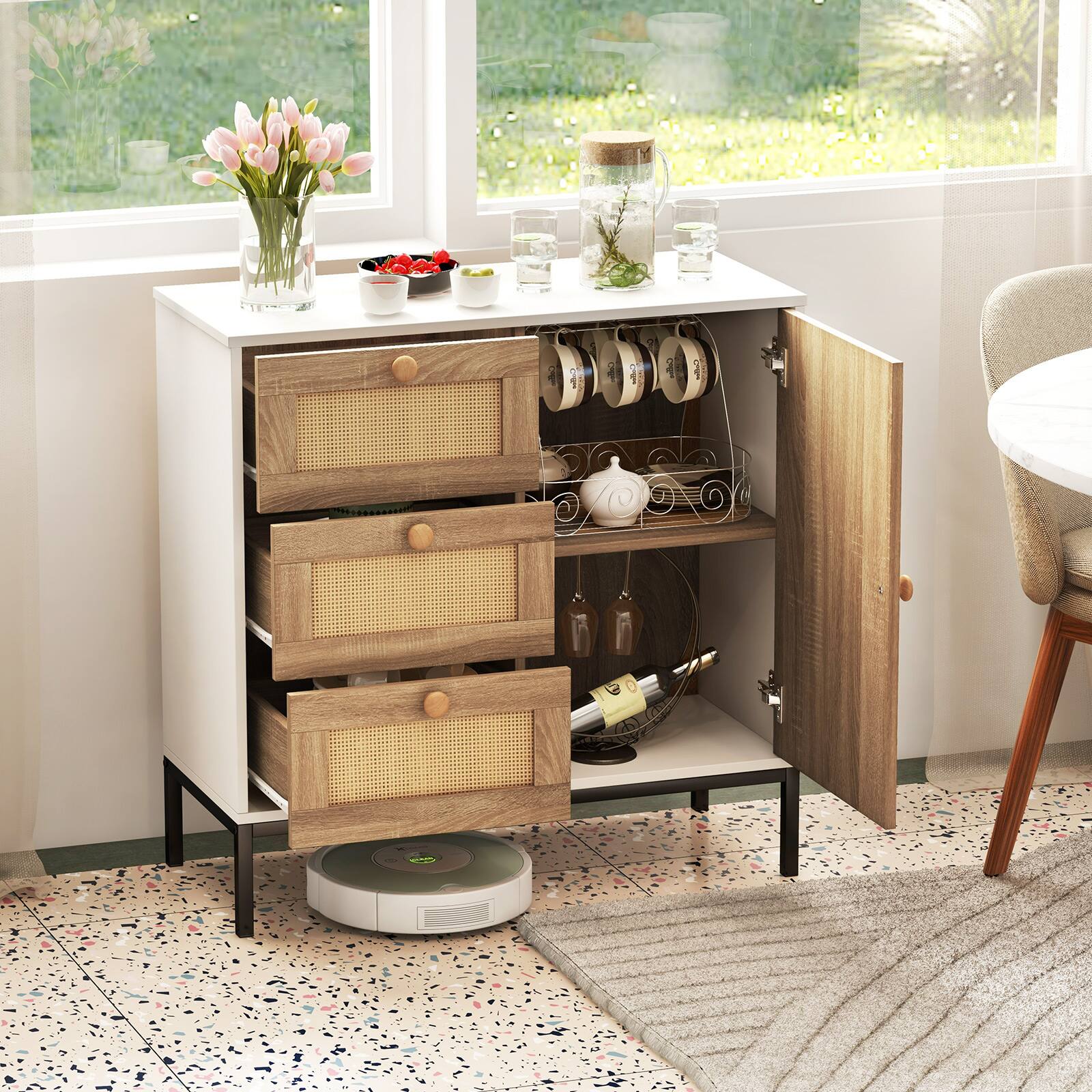Alt View 6. Ecooso - Rattan Buffet Sideboard Cabinet Organizer with 1 Door 3 Drawers for Dining Room Storage - White.