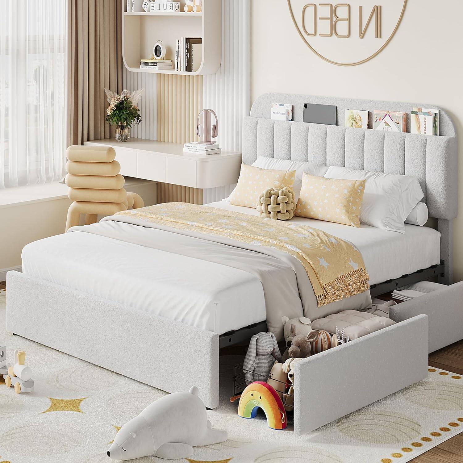 Sure, here is the corrected and grouped text from the image:

**On the Wall:**
- "IN BED"

**On the Shelves:**
- "DREAM"
- "LOVE"

**On the Books and Items:**
- "LOVE"
- "DREAM"
- "LOVE"
- "DREAM"

**On the Bed:**
- "LOVE" (on the headboard)

**On the Desk:**
- "LOVE" (on the books)

**On the Wall Art:**
- "LOVE" (on the circular art piece)