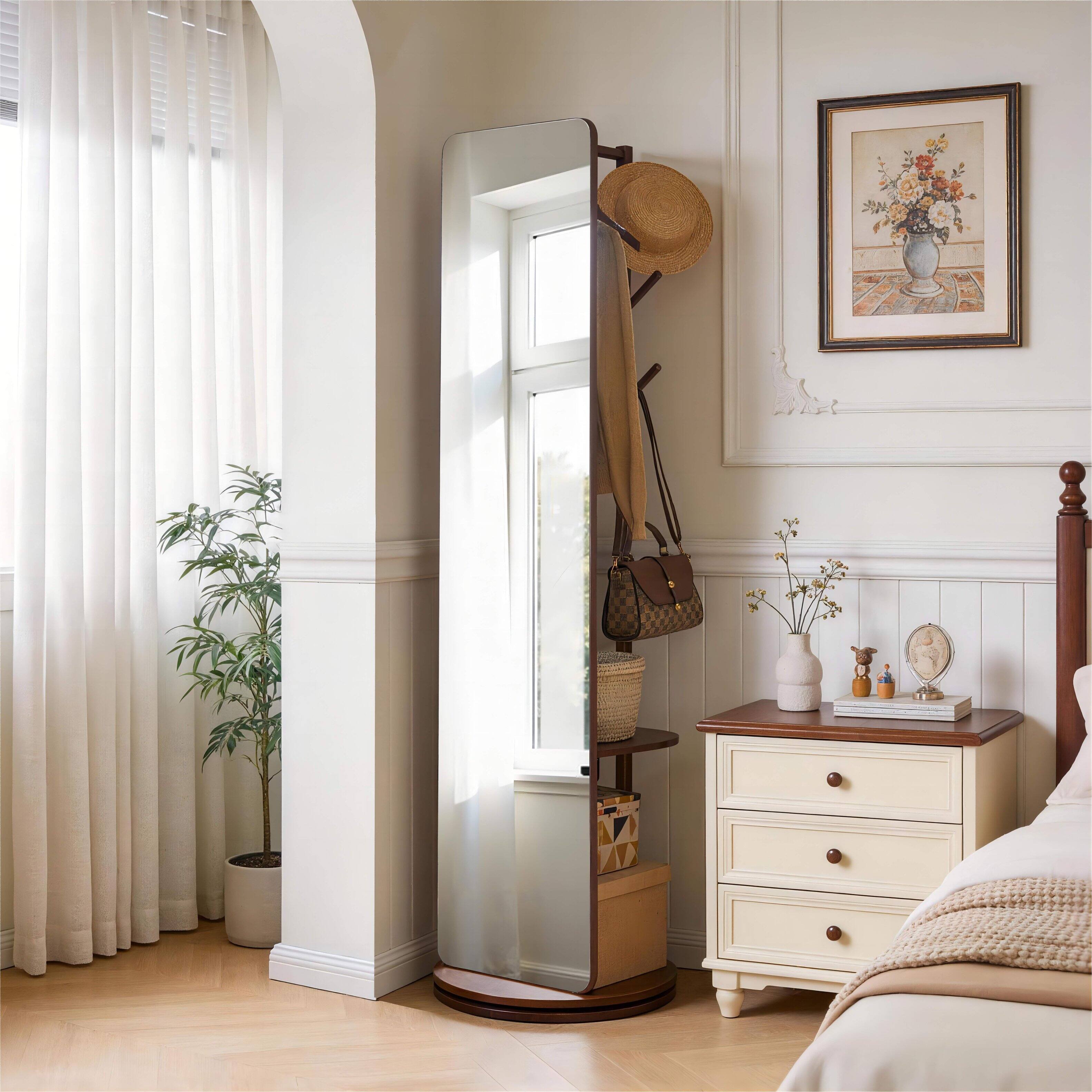 Back. Whisen - Swivel Full Length Standing Mirror with Coat Rack and Storage Shelf for Bedroom and Hallway - Walnut.