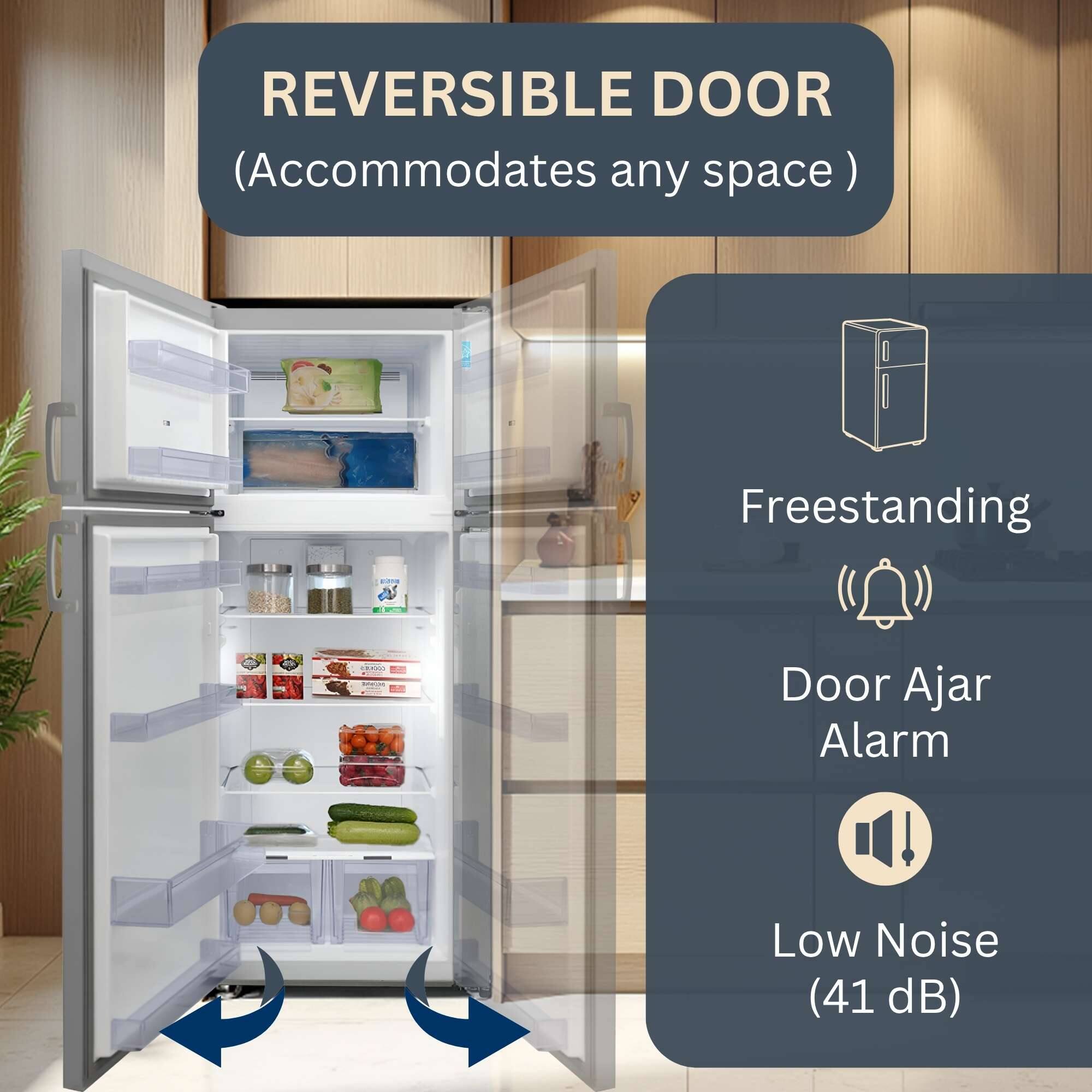 REVERSIBLE DOOR  
(Accommodates any space)  

Freestanding  
Door Ajar Alarm  
Low Noise (41 dB)