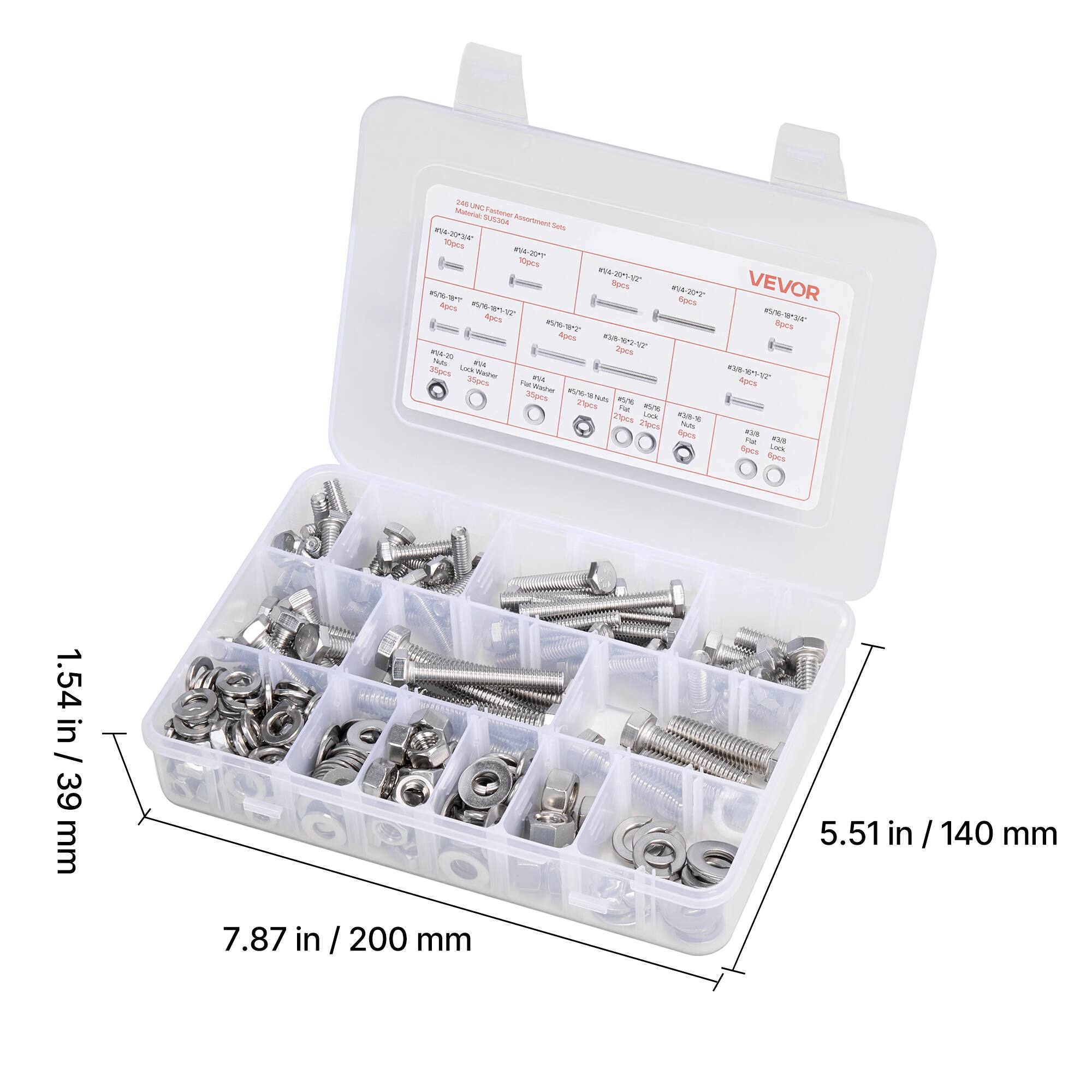 VEVOR  
240-Piece Flathead Assembly Kit  
Metal Hardware  

Contents:  
- #10-24x1/2" - 10pcs  
- #10-24x3/4" - 10pcs  
- #10-24x1" - 10pcs  
- #10-24x1-1/2" - 10pcs  
- #10-24x2" - 10pcs  
- #10-24x3" - 10pcs  
- #10-24x4" - 10pcs  
- #10-24x5" - 10pcs  
- #10-24x6" - 10pcs  
- #10-24x8" - 10pcs  
- #10-24x10" - 10pcs  
- #10-24x12" - 10pcs  
- #10-24x14" - 10pcs  
- #10-24x16" - 10pcs  
