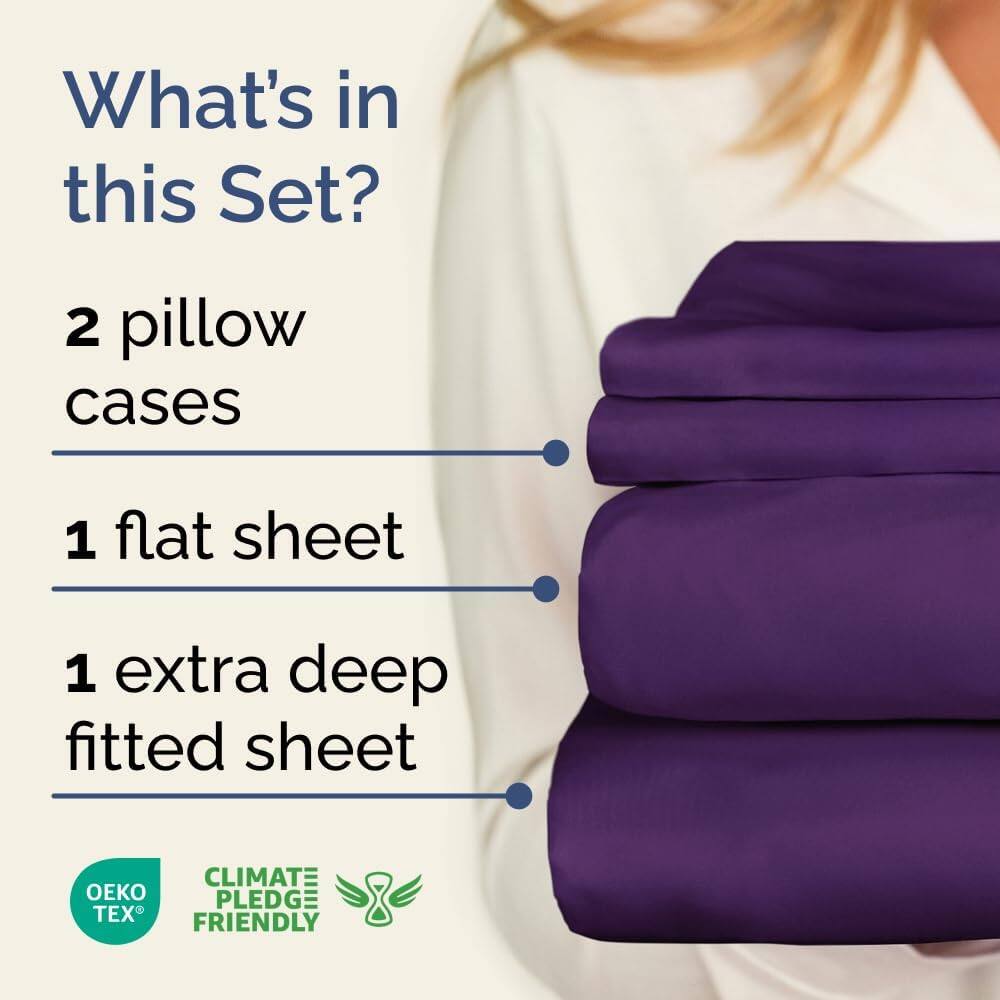 What's in this Set?

2 pillow cases

1 flat sheet

1 extra deep fitted sheet

CLIMATE PLEDGE FRIENDLY

OEKO TEX