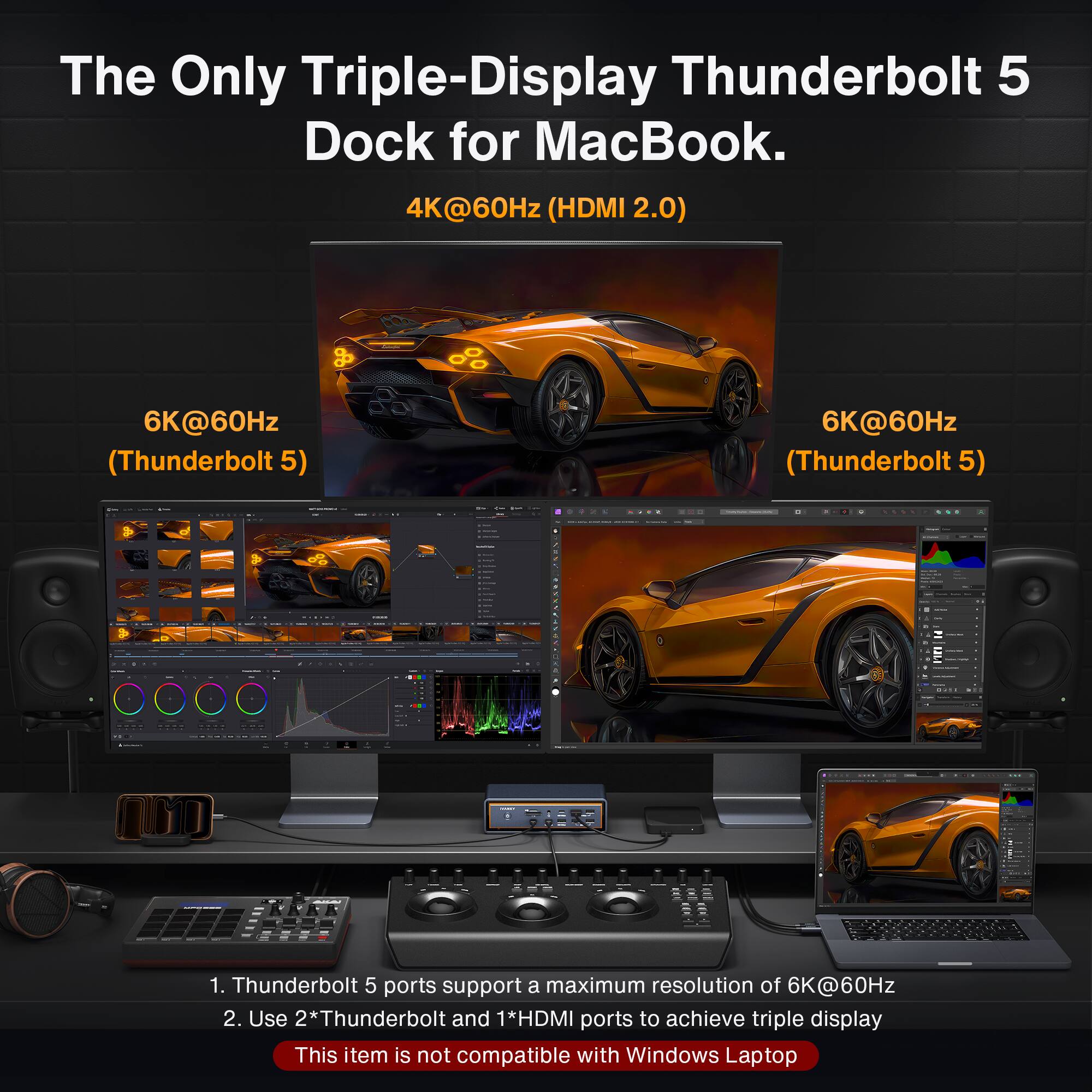 The Only Triple-Display Thunderbolt 5 Dock for MacBook.

4K@60Hz (HDMI 2.0)
6K@60Hz (Thunderbolt 5)
6K@60Hz (Thunderbolt 5)

1. Thunderbolt 5 ports support a maximum resolution of 6K@60Hz
2. Use 2*Thunderbolt and 1*HDMI ports to achieve triple display

This item is not compatible with Windows Laptop