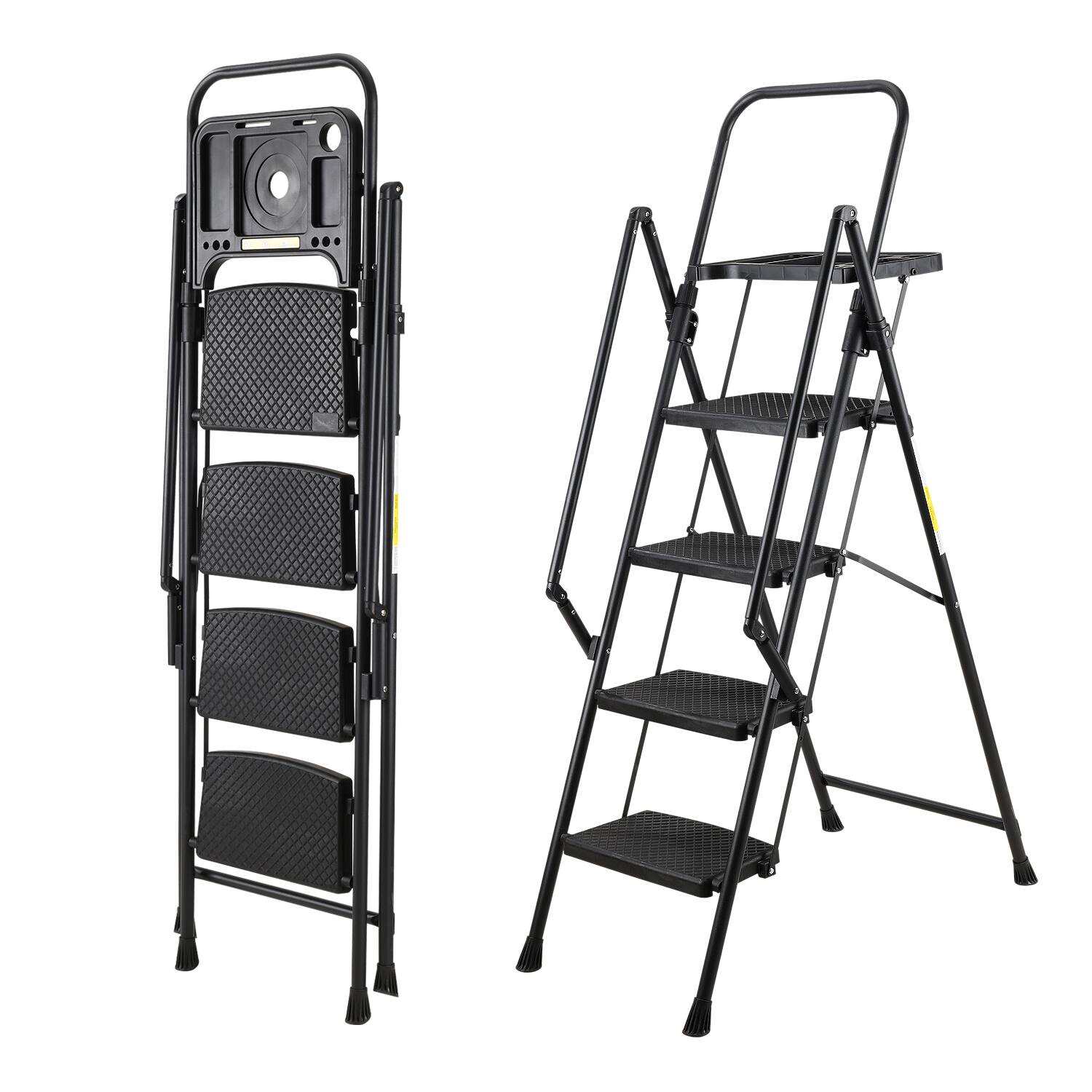 Front. ELEMENT ACE - 4-Step Ladder Folding Step Stool - Wide Pedals, Soft Handle, Steel Construction, 440 lb Capacity - Black.