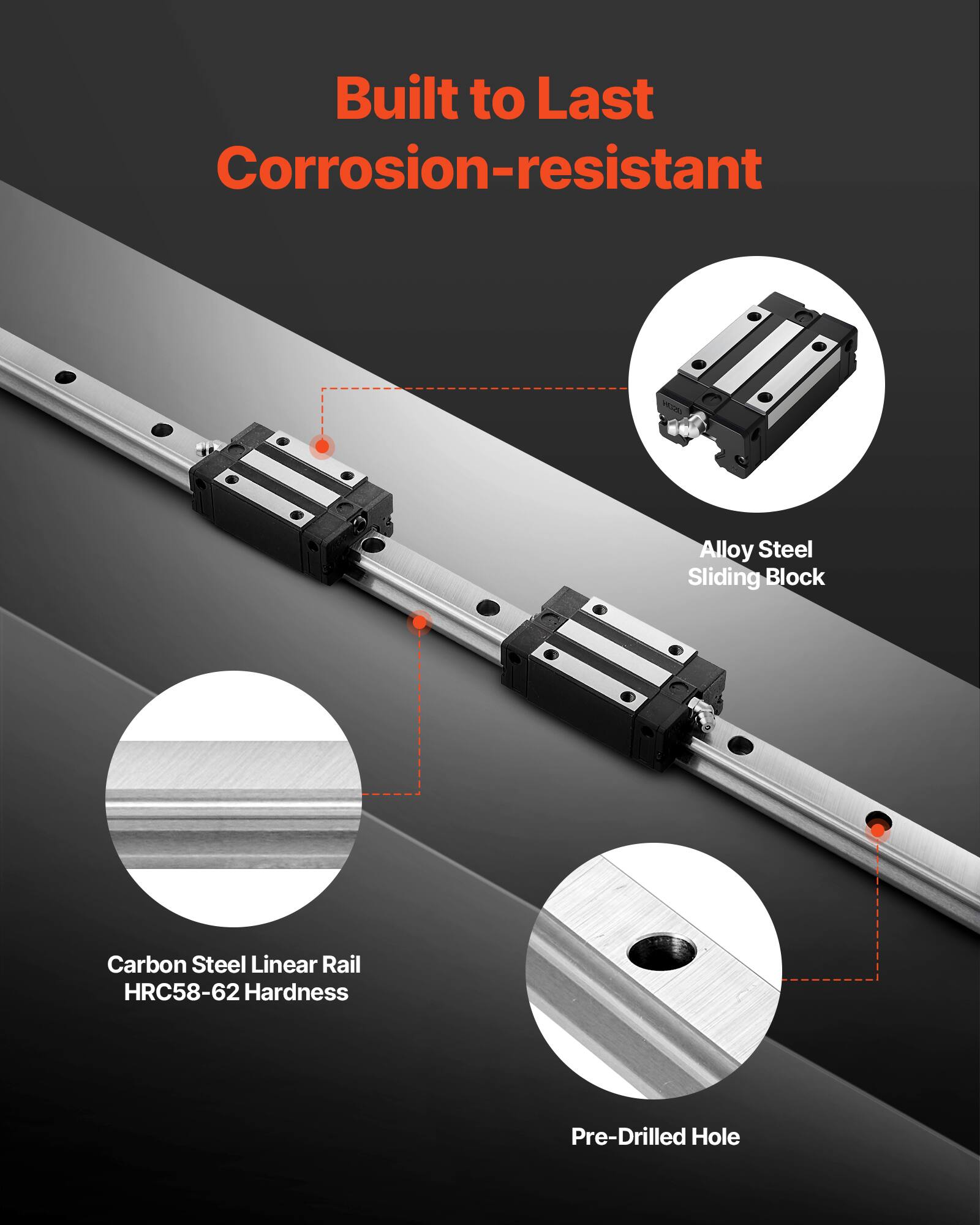Built to Last  
Corrosion-resistant  

- Alloy Steel Sliding Block  
- Carbon Steel Linear Rail HRC58-62 Hardness  
- Pre-Drilled Hole