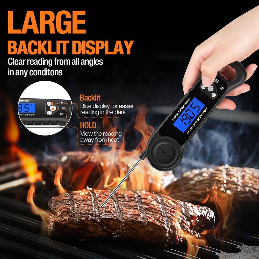 LARGE BACKLIT DISPLAY  
Clear reading from all angles in any conditions  

Backlit  
Blue display for easier reading in the dark  

HOLD  
View the reading away from heat  

DIGITAL THERMOMETER  
190.5°F / 88°C