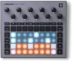CIRCUIT RHYTHM
Master Volume
1 Tune
2 Start
3 Length
4 Slope
5 Distortion
6 HP Filter
7 LP Filter
8 Resonance
Master Filter
Drum Pads
Sample Rec
Sample Mode
1-16
17-32
Tap Tempo Swing
Click
Clear
Duplicate
Save
Projects
Shift
Sample 1 2 3 4 5 6 7 8
Patterns
Sample Mode
View Look
Mixer
Grid FX
FX
Side Chain
Rec Quantize
Note
Expand
Velocity
Fixed
Gate
Micro Step
Pattern Settings
Probability
One Shot
Gated
Loop
Reverse
Choke
Keyboard
Slice
Packs