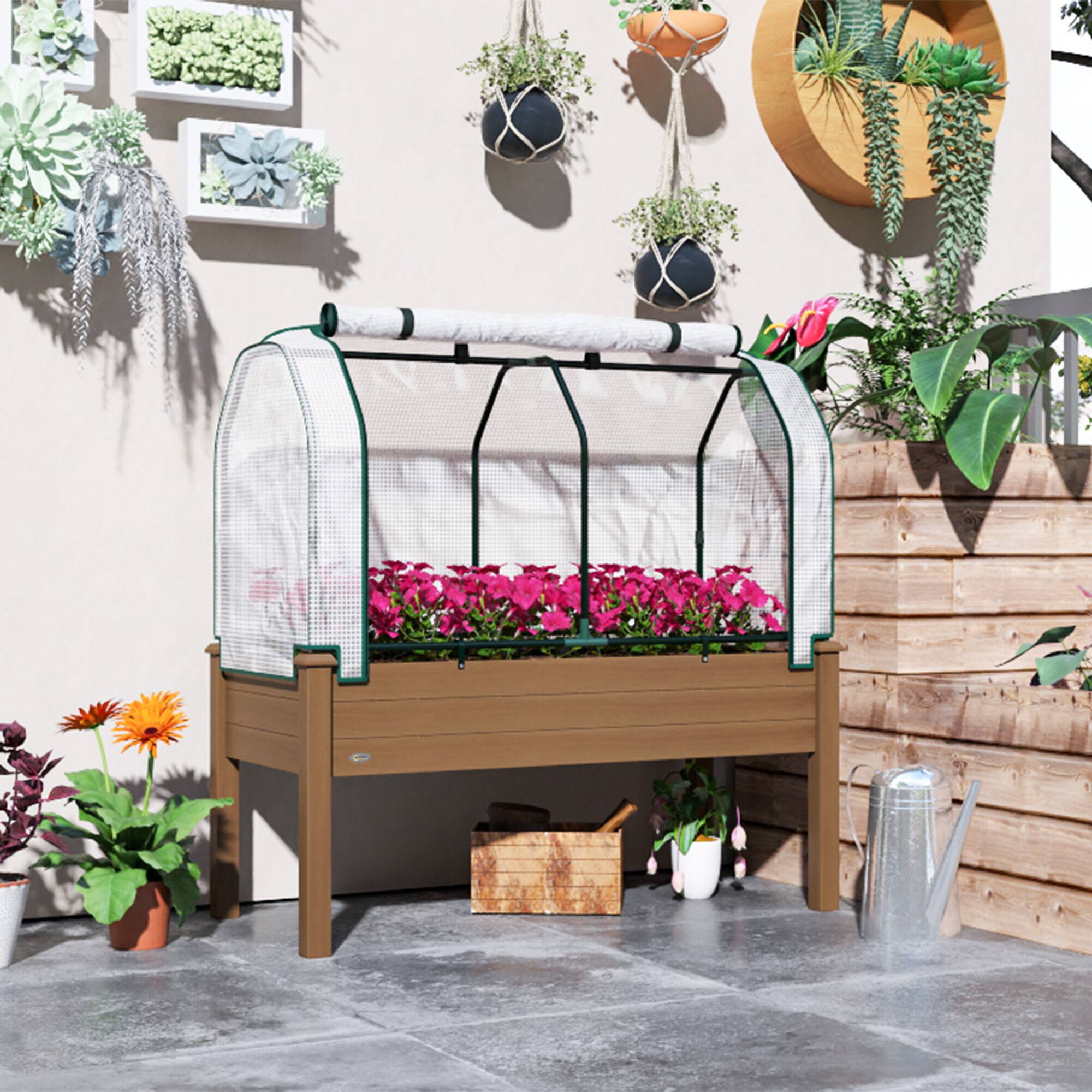 Alt View 1. Outsunny - Garden Bed with PE Greenhouse Cover Outdoor Planter Box for Herbs and Vegetables - Brown.