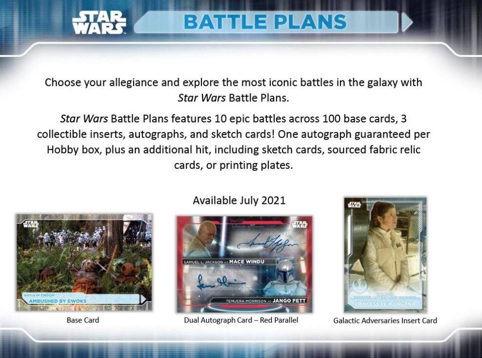 **STAR WARS BATTLE PLANS**

Choose your allegiance and explore the most iconic battles in the galaxy with Star Wars Battle Plans.

Star Wars Battle Plans features 10 epic battles across 100 base cards, 3 collectible inserts, autographs, and sketch cards! One autograph guaranteed per Hobby box, plus an additional hit, including sketch cards, sourced fabric relic cards, or printing plates.

Available July 2021

- **Base Card**
  - BATTLE OF ENDOR: AMBUSHED BY EWOKS

- **Dual Autograph Card – Red Parallel**
  - SAMUEL L. JACKSON as MACE WINDU
  - TEMUERA MORRISON as JANGO FETT

- **Galactic Adversaries Insert Card**
  - PRINCESS LEIA ORGANA