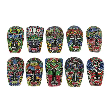 Front. Zeckos - Set of 10 Hand Carved Tropical Dot Painted Tribal Masks 5 Inch Wall Decor - Multicolored.
