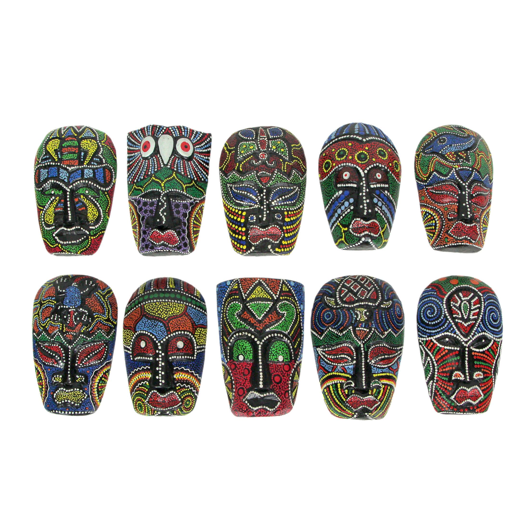 Front. Zeckos - Set of 10 Hand Carved Tropical Dot Painted Tribal Masks 5 Inch Wall Decor - Multicolored.