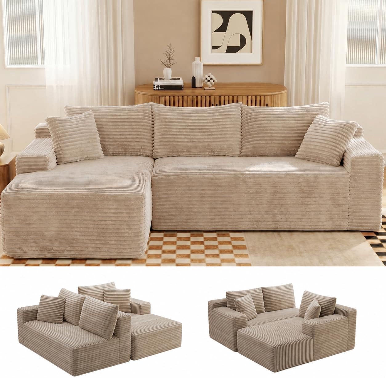 Anysun - 106.3" Modular Left Facing Cloud Combination Sofa – L-Shaped Living Room Sofa with Recliner, Modern Minimalist Design - Camel