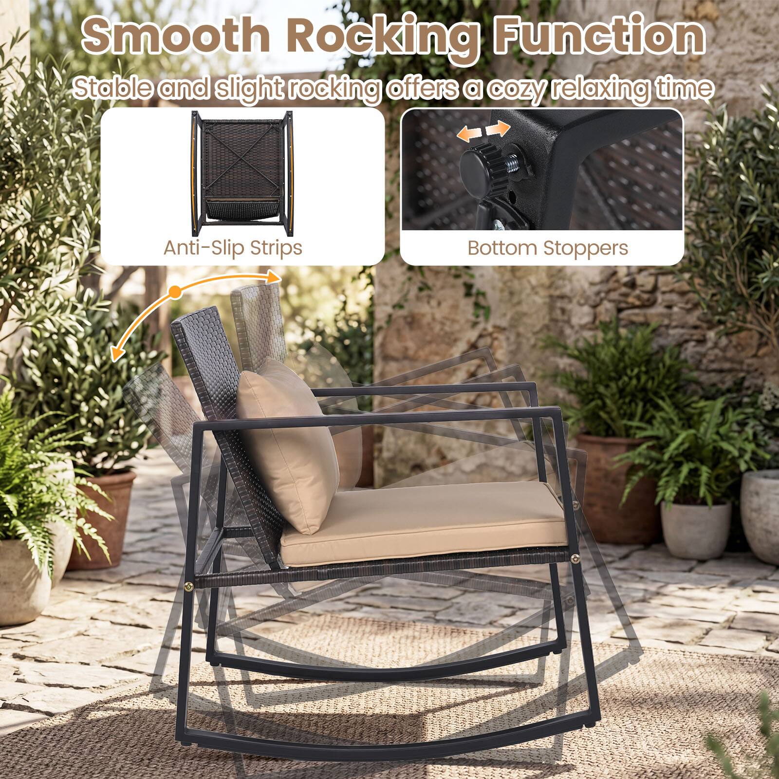 Smooth Rocking Function  
Stable and slight rocking offers a cozy relaxing time  
Anti-Slip Strips  
Bottom Stoppers