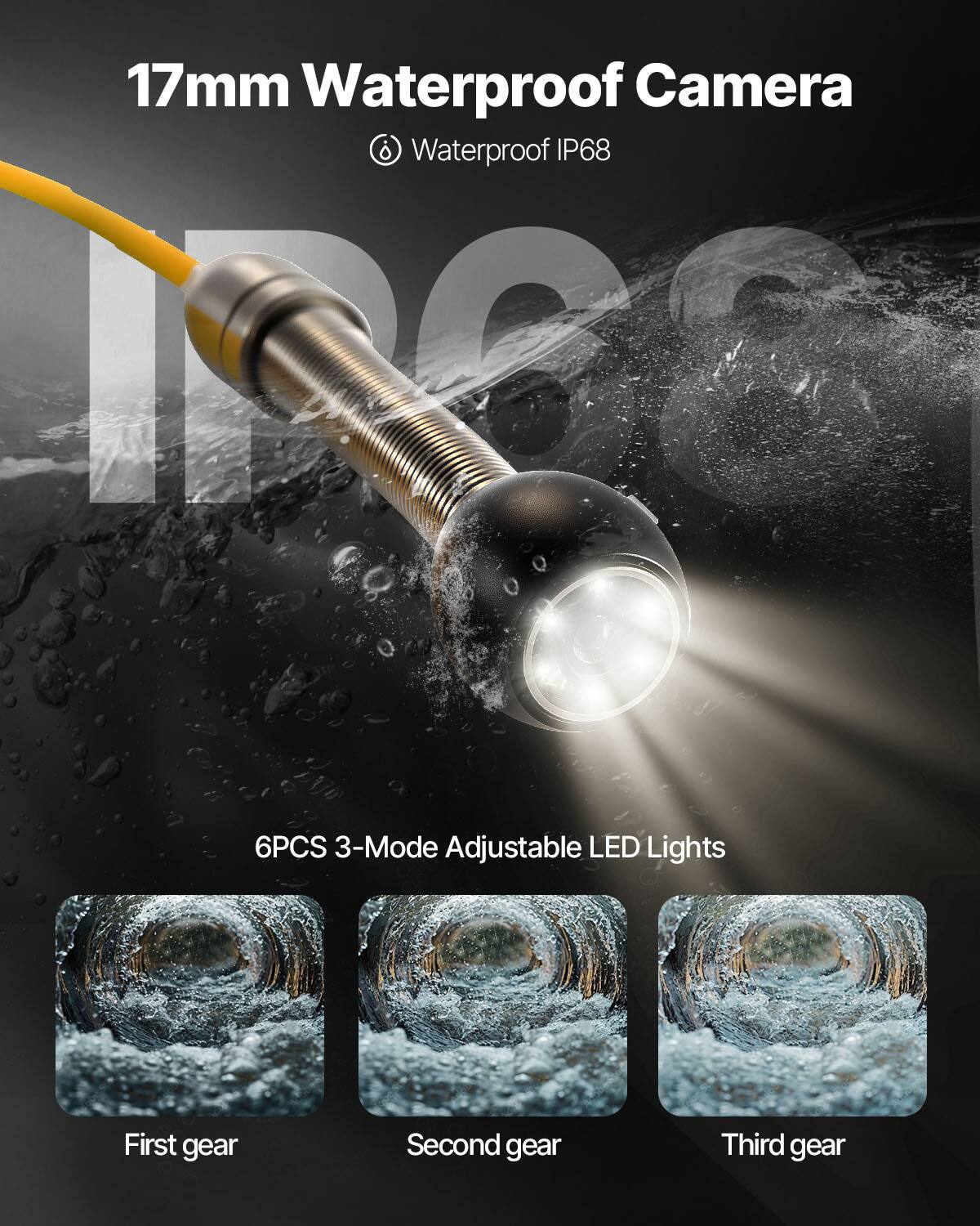 17mm Waterproof Camera  
Waterproof IP68  
6PCS 3-Mode Adjustable LED Lights  
First gear  
Second gear  
Third gear
