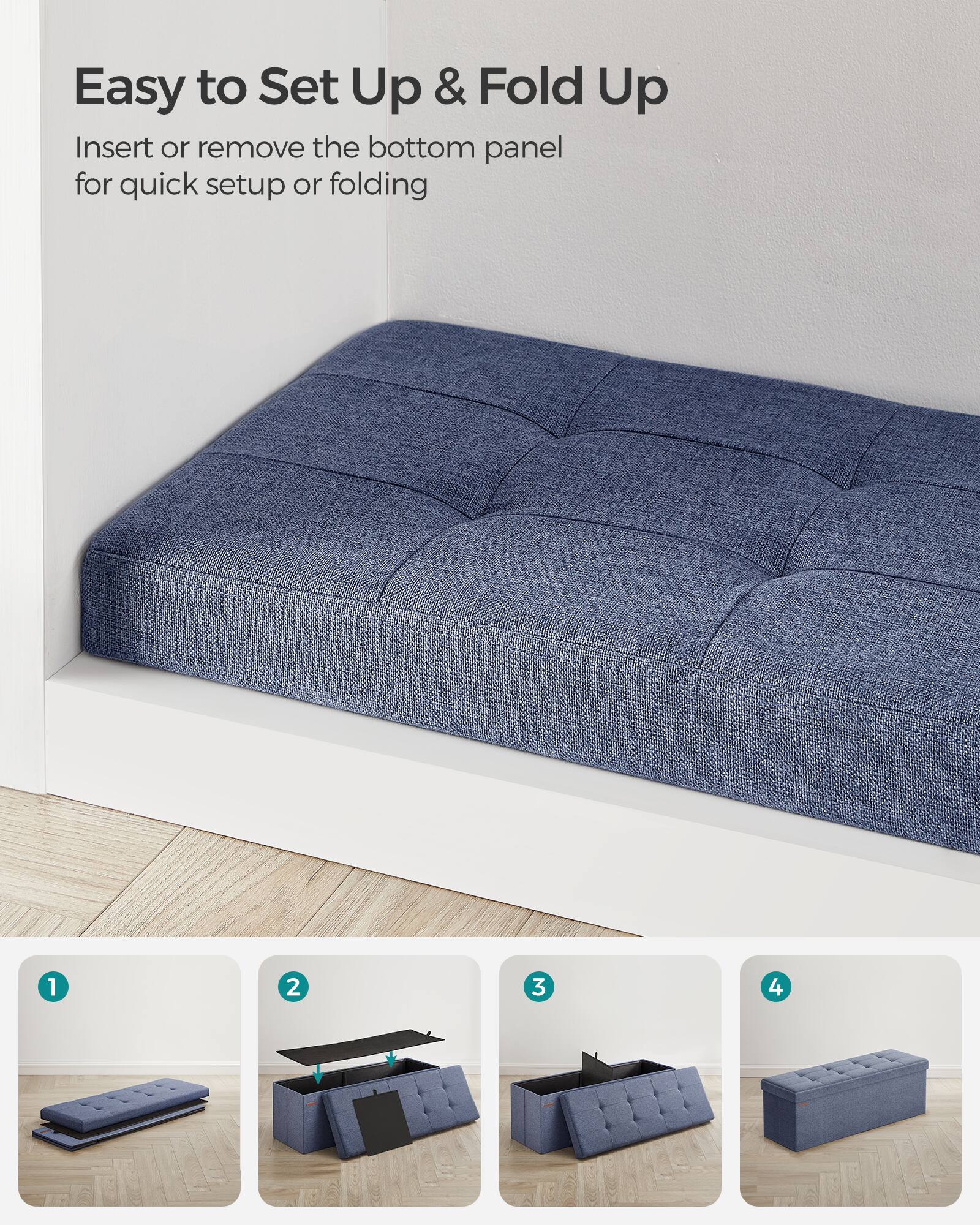 Easy to Set Up & Fold Up

Insert or remove the bottom panel for quick setup or folding

1. [Image of the bottom panel removed]
2. [Image of the bottom panel being inserted]
3. [Image of the bottom panel fully inserted]
4. [Image of the sofa fully assembled]