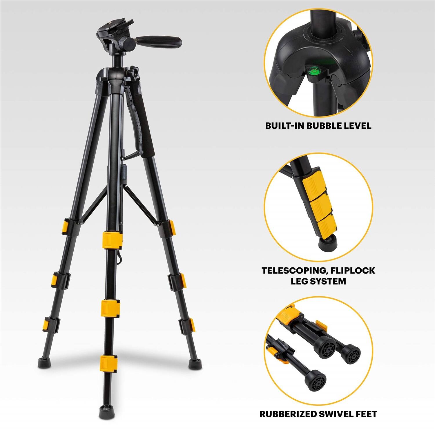 BUILT-IN BUBBLE LEVEL  
TELESCOPING, FLIPLOCK LEG SYSTEM  
RUBBERIZED SWIVEL FEET