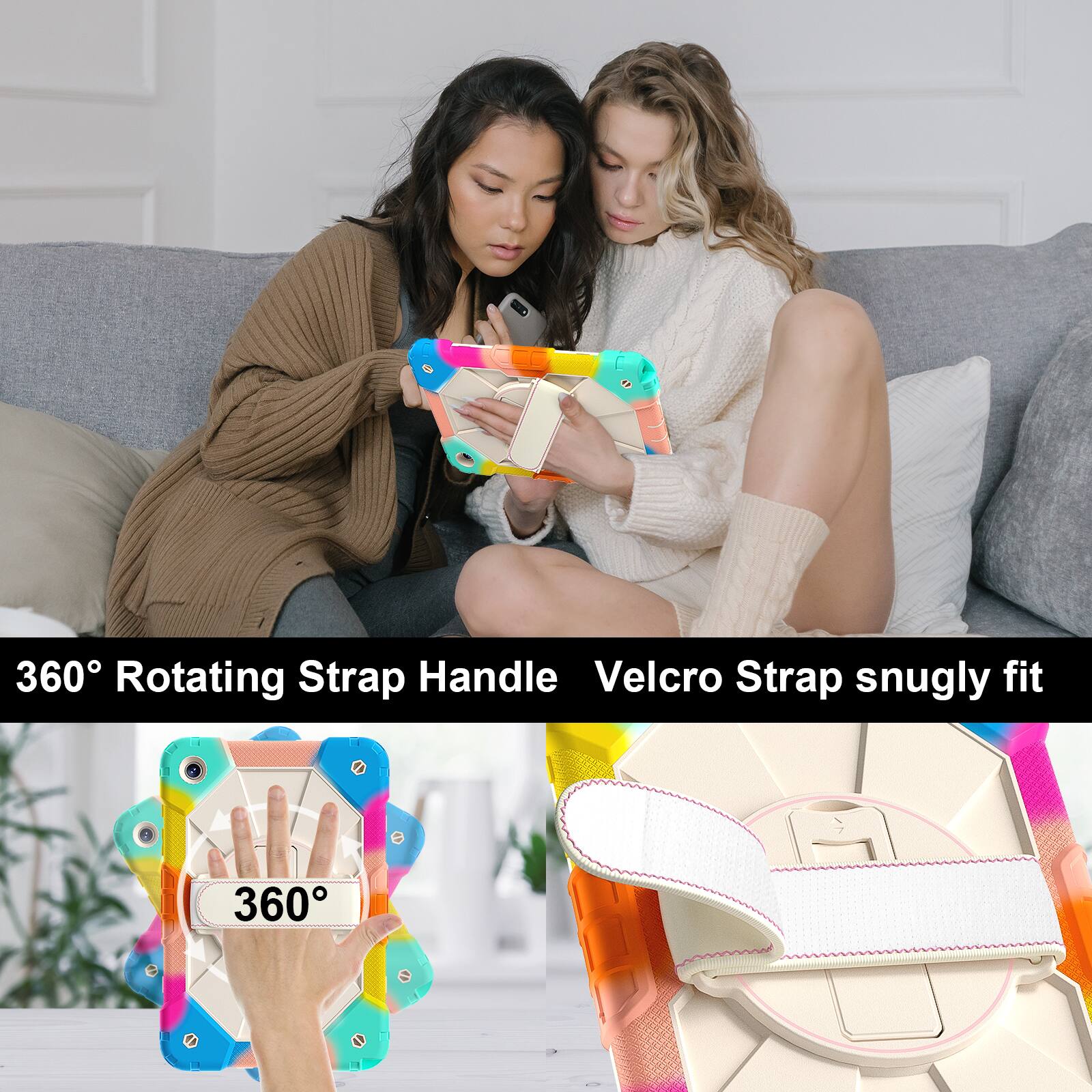 360° Rotating Strap Handle Velcro Strap snugly fit