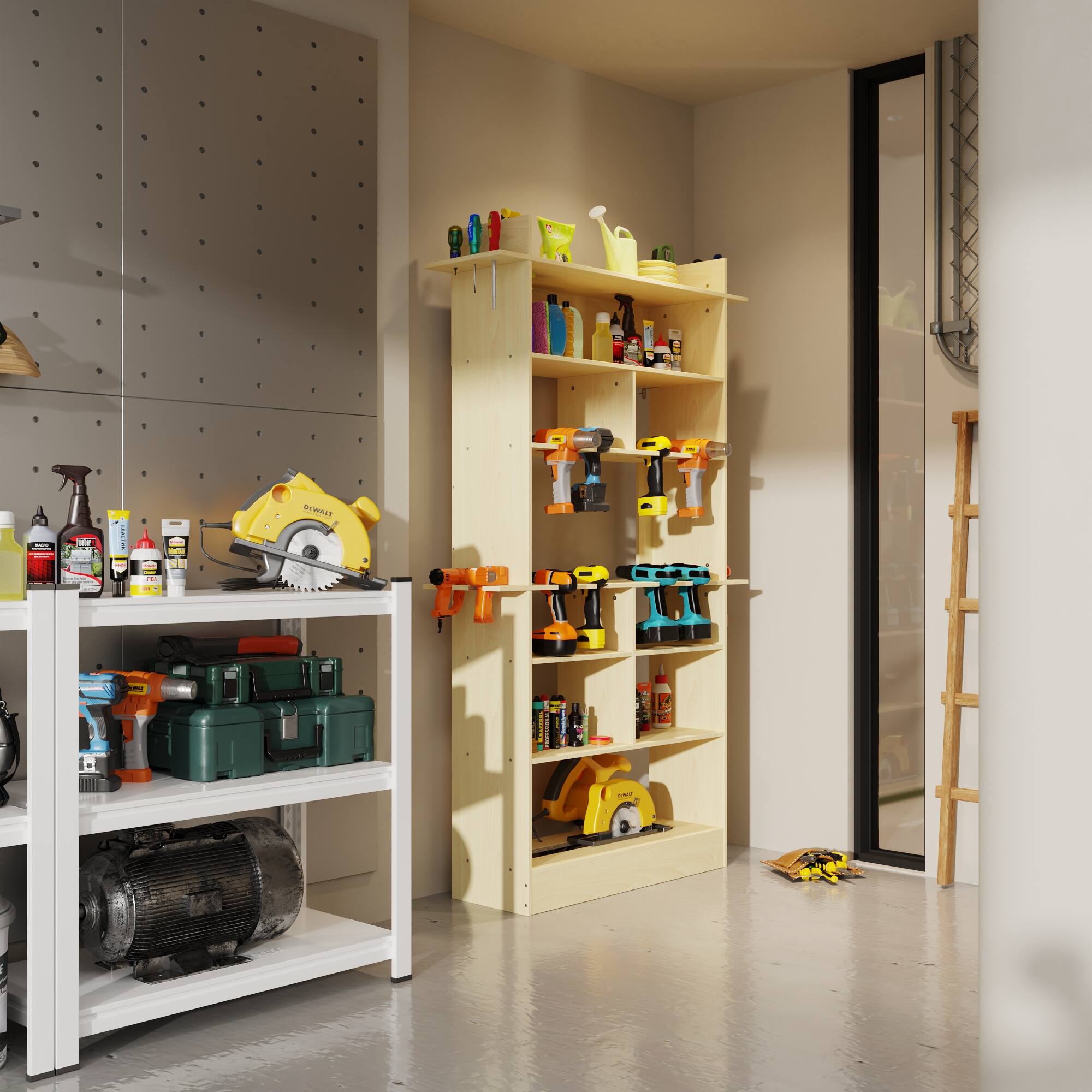 Alt View 2. Famapy - Garage Tool Storage Cabinet with Power Tool Organizer, 4-Tier Workshop Shelving for Circular Saw, Hand Tools & Parts - Wooden.