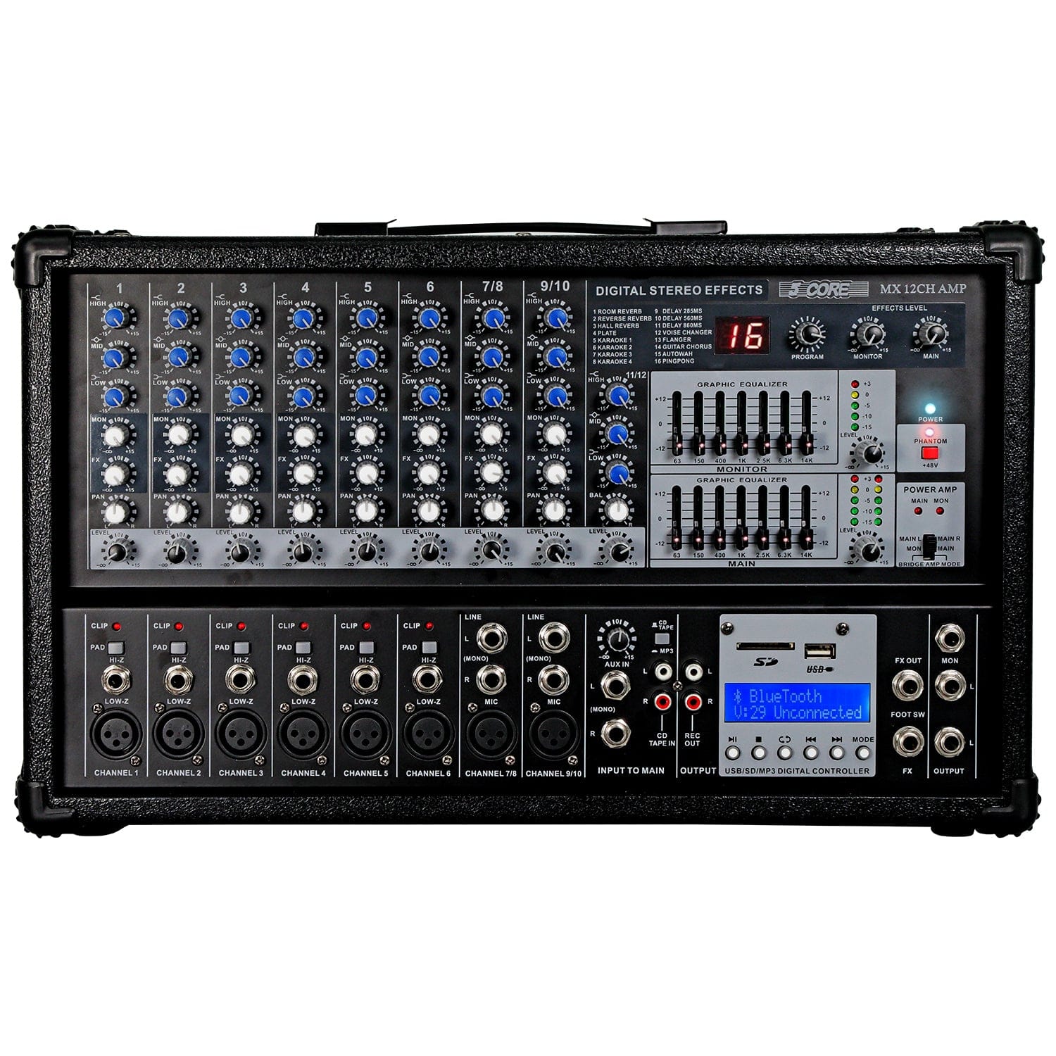 5 CORE - Audio Mixer Powered 12 Channel 240V Mixer System USB MP3 Bluetooth SD readers Digital LCD Display