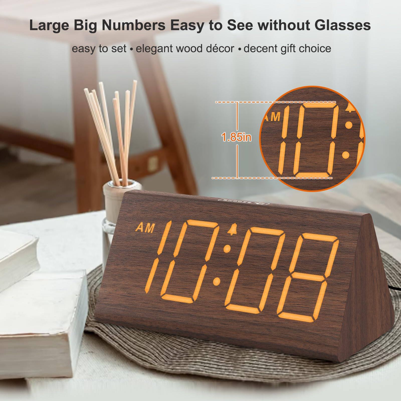 Large Big Numbers Easy to See without Glasses  
easy to set • elegant wood décor • decent gift choice  

1.85in  

AM 10:08