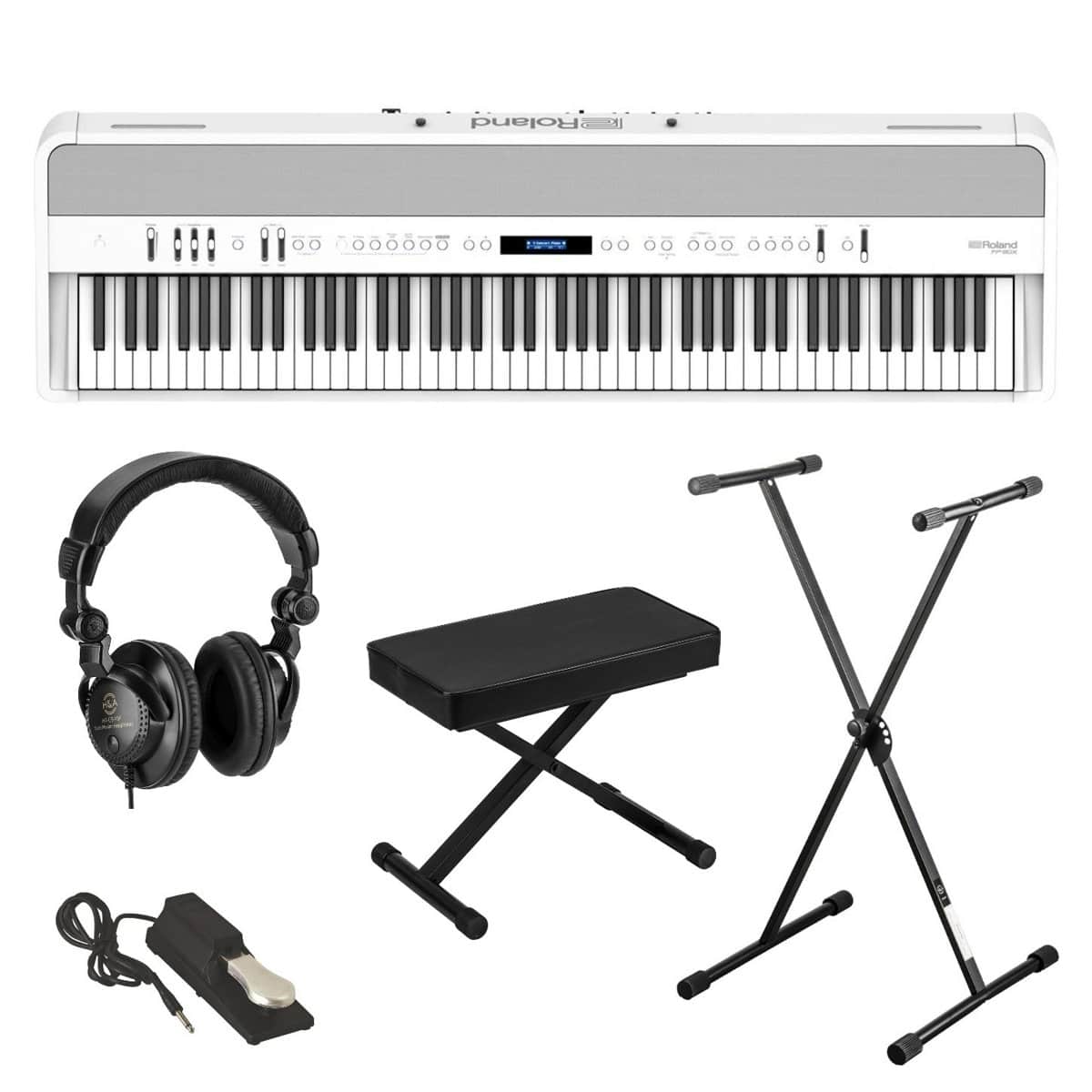 Roland - FP-90X 88-Key Portable Digital Piano, White Bundle with Stand, Bench, Sustain Pedal, Studio Monitor Headphones