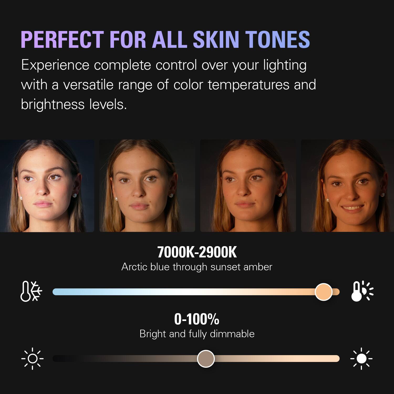 PERFECT FOR ALL SKIN TONES

Experience complete control over your lighting with a versatile range of color temperatures and brightness levels.

7000K-2900K Arctic blue through sunset amber

0-100% Bright and fully dimmable