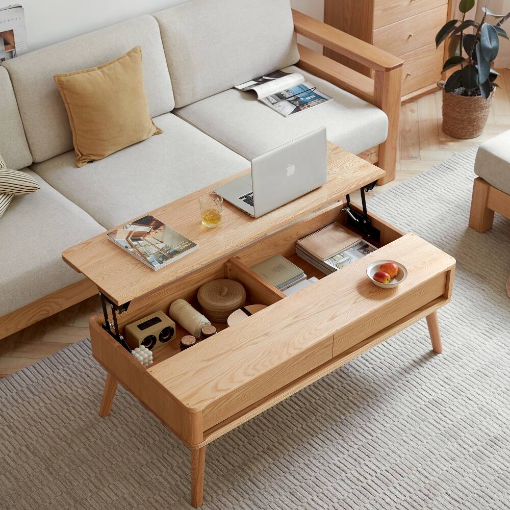 Alt View 3. Loheer - Loheer Solid Oak Lift Top Coffee Table Elevating Center Table with Hidden Storage Natural Wood Work From Home Desk - Natural.