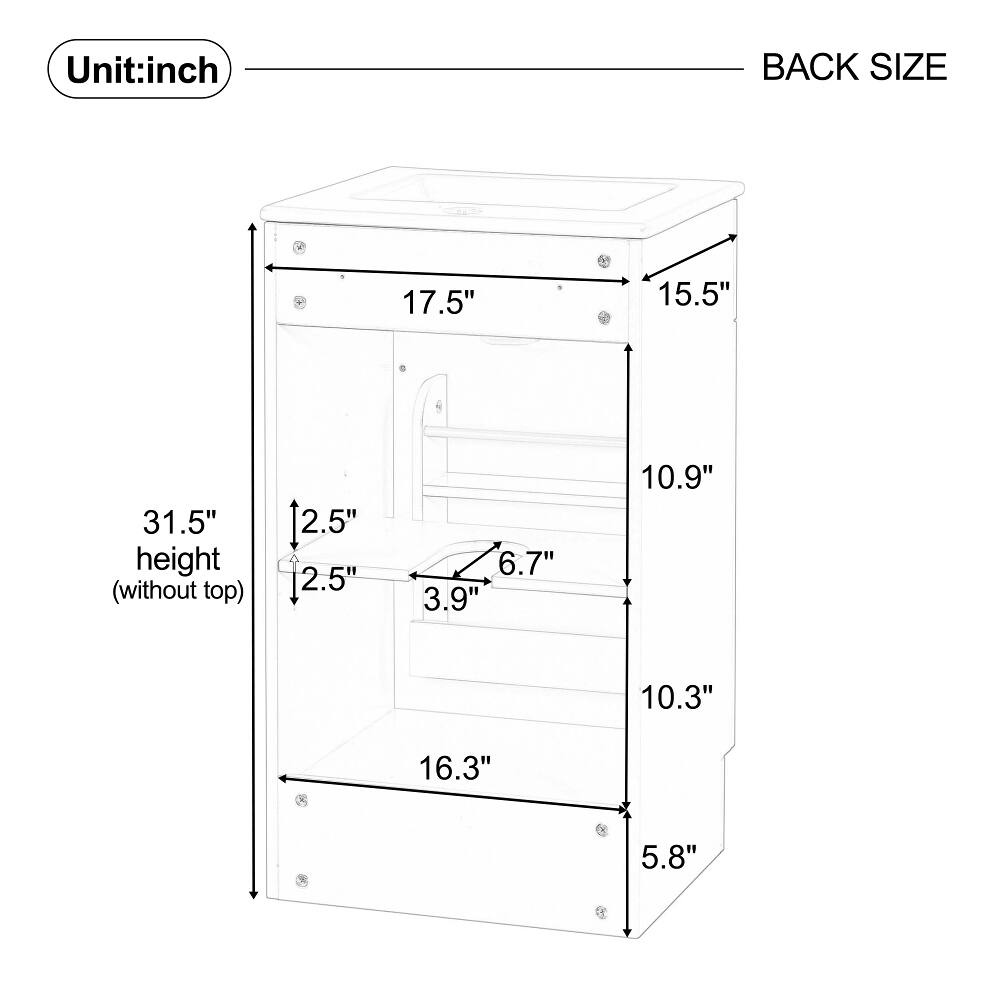 Unit: inch

BACK SIZE
17.5"
15.5"
31.5" height (without top)
2.5" 2.5"
6.7" 3.9"
10.9"
10.3"
16.3"
5.8"